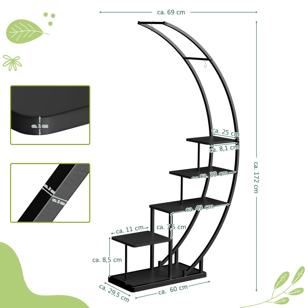 Ribelli 5-stufiger Metall-Pflanzenständer in Halbmondform 172cm, Pflanzenregal mit 5 Ablagen & Haken, Hoch Blumenständer Pflanzentreppe mit Kippschutz für Balkon Wohnzimmer Terrasse (1 Stück, Schwarz)