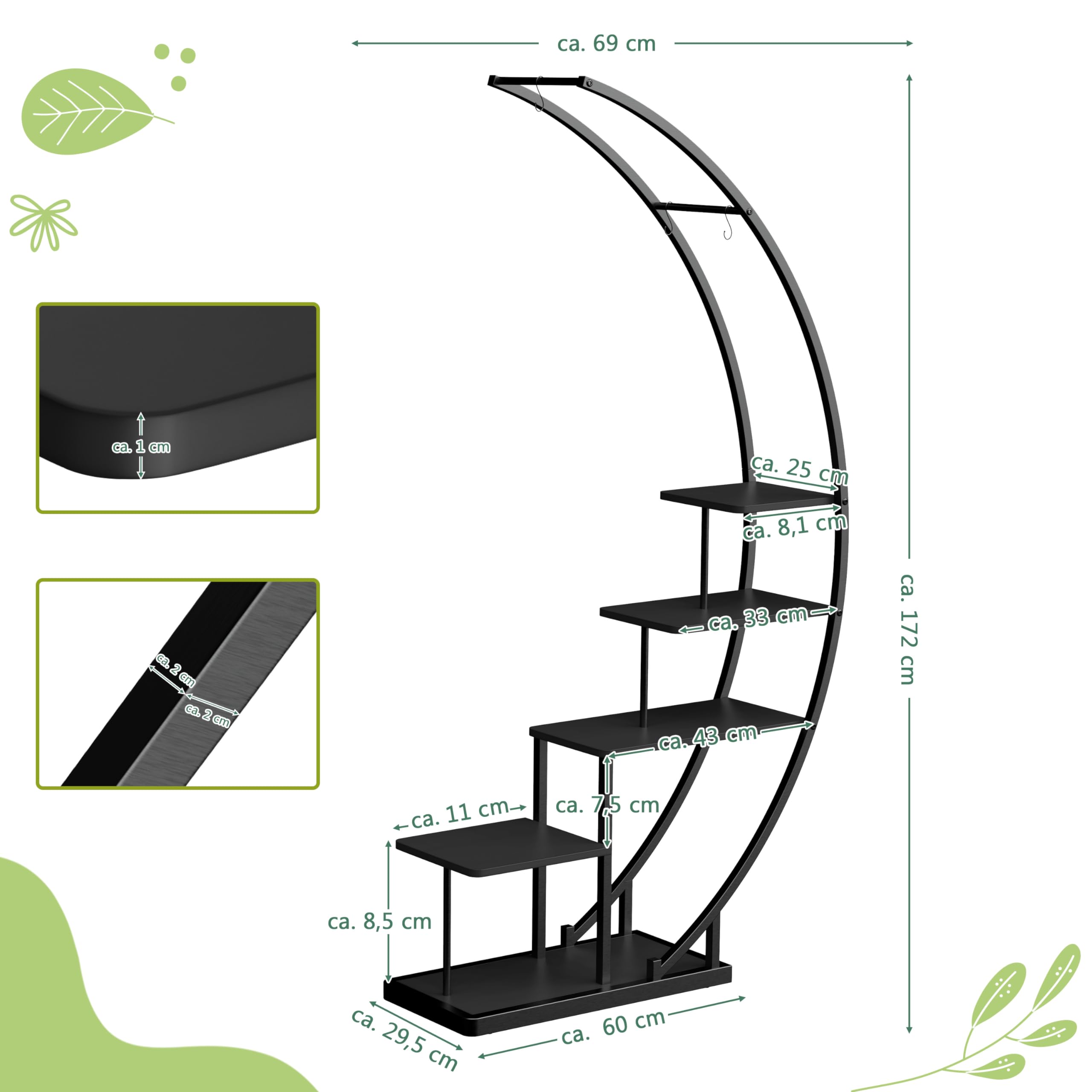 Ribelli 5-stufiger Metall-Pflanzenständer in Halbmondform 172cm, Pflanzenregal mit 5 Ablagen & Haken, Hoch Blumenständer Pflanzentreppe mit Kippschutz für Balkon Wohnzimmer Terrasse (1 Stück, Schwarz)