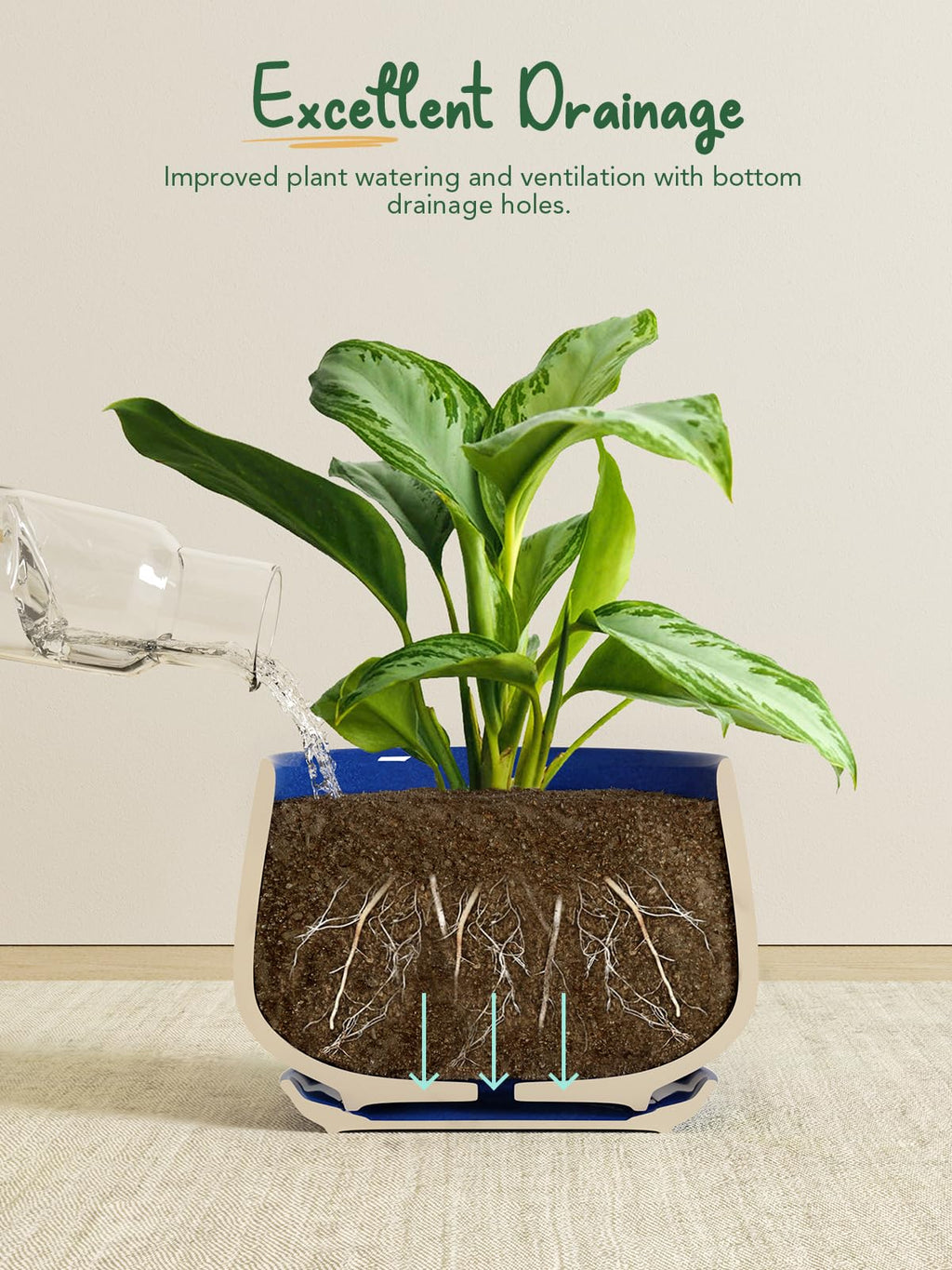 LE TAUCI 3er Set Keramik Blumentöpfe, 10/13/16 cm Durchmesser Klein Blumentöpfe Set, Übertöpfe für Zimmerpflanzen, Pflanztöpfe mit Untersetzer und Abflussloch, Schatz Blau