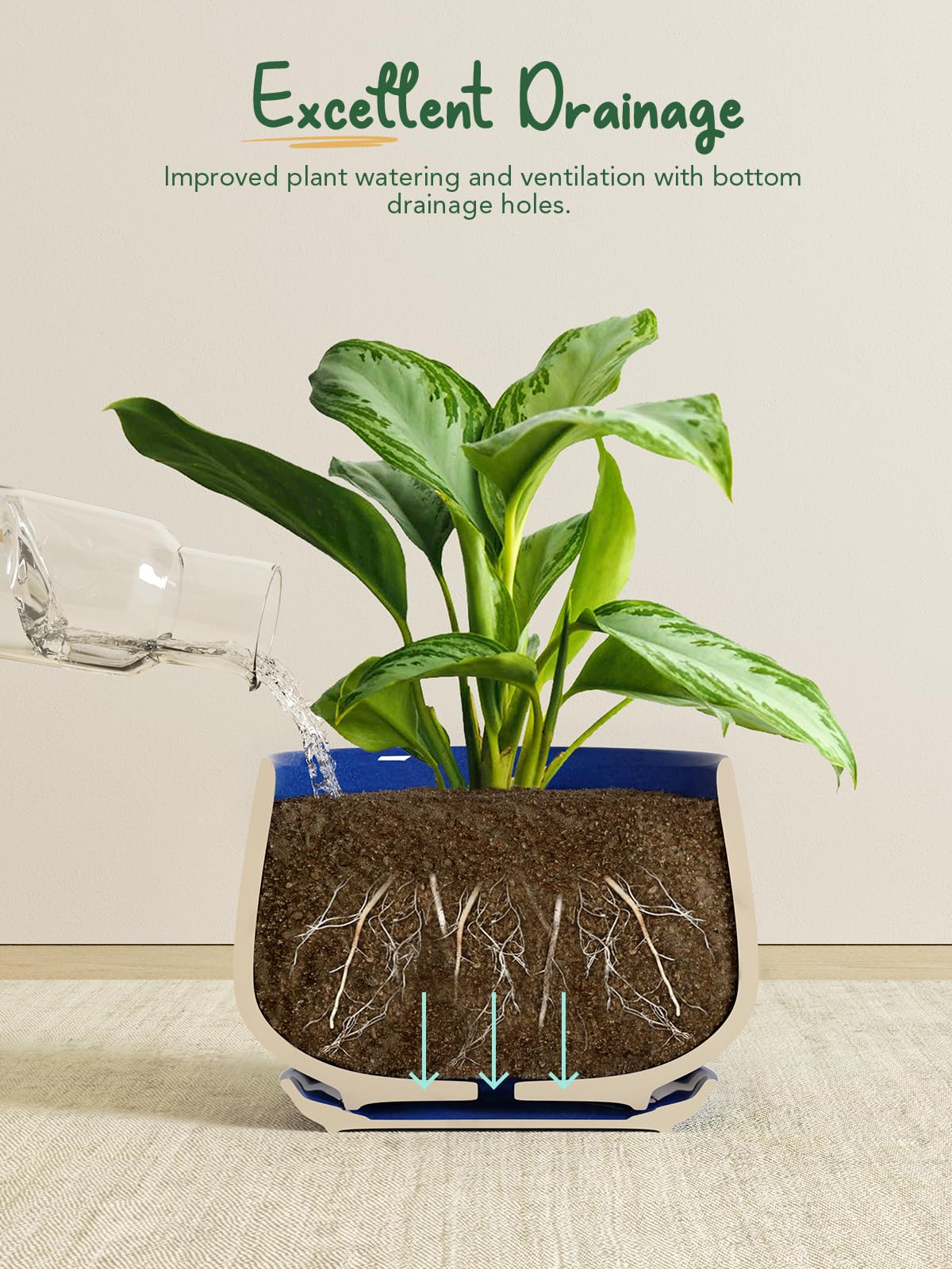 LE TAUCI 3er Set Keramik Blumentöpfe, 10/13/16 cm Durchmesser Klein Blumentöpfe Set, Übertöpfe für Zimmerpflanzen, Pflanztöpfe mit Untersetzer und Abflussloch, Schatz Blau