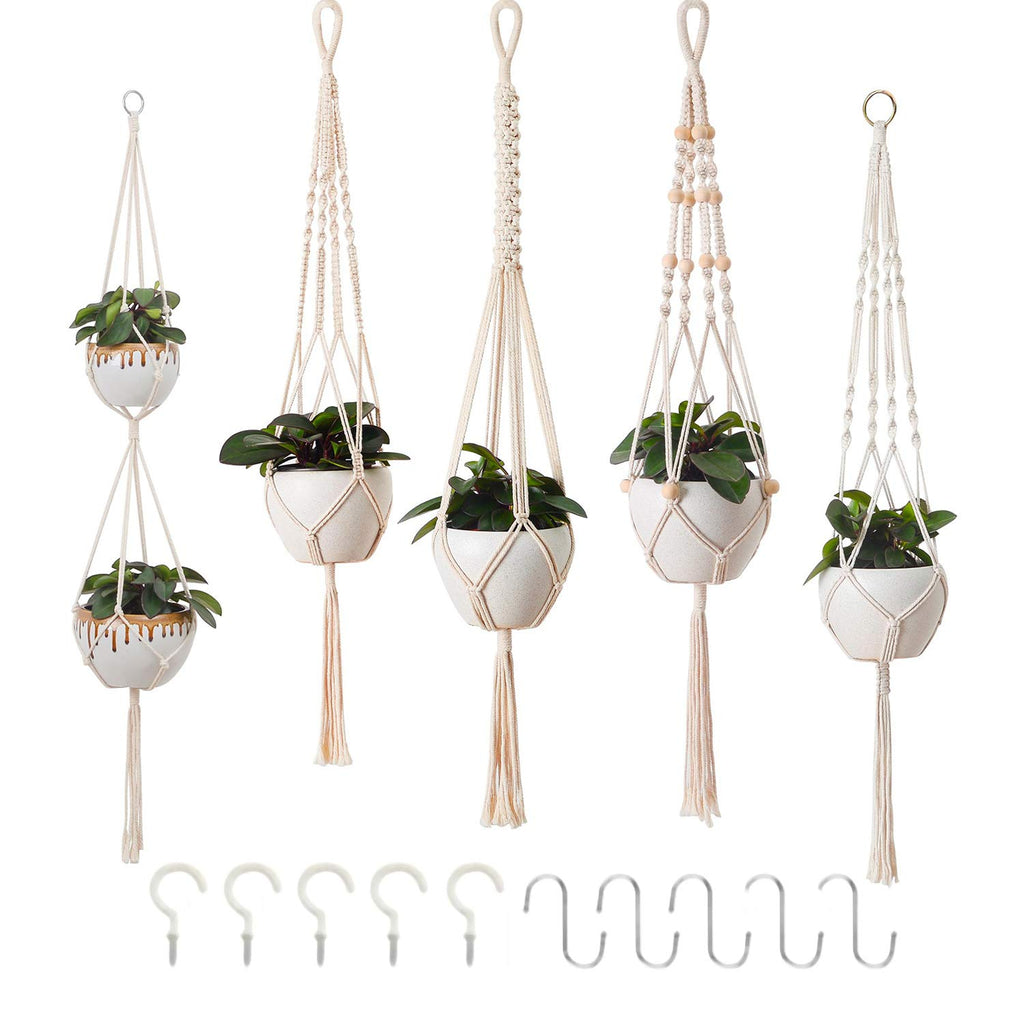 Petutu 5er Set Makramee Blumenampel, Boho Deko Baumwollseil Hängeampel Blumentopf Pflanzen Halter Aufhänger für Innen Außen Decken Balkone Wanddekoration (Beige)