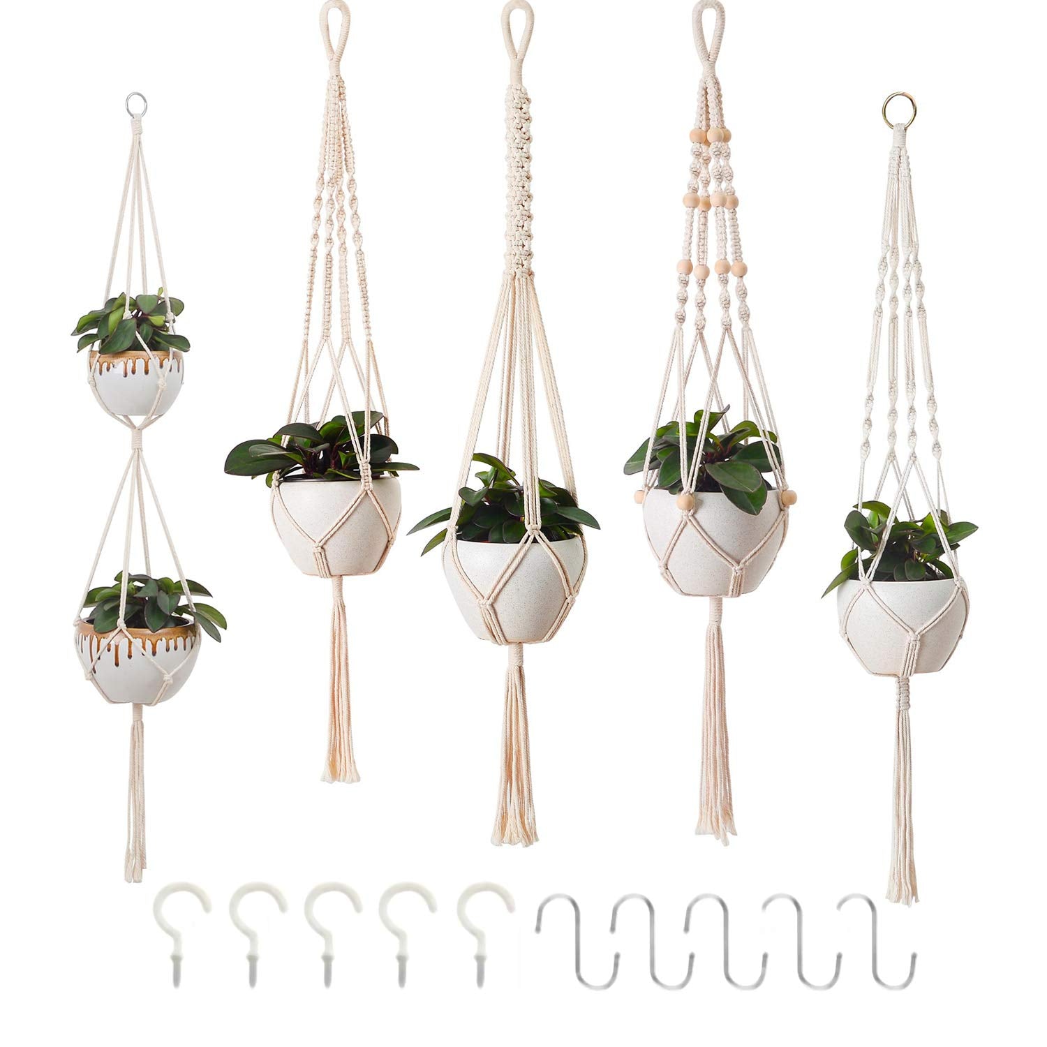 Petutu 5er Set Makramee Blumenampel, Boho Deko Baumwollseil Hängeampel Blumentopf Pflanzen Halter Aufhänger für Innen Außen Decken Balkone Wanddekoration (Beige)