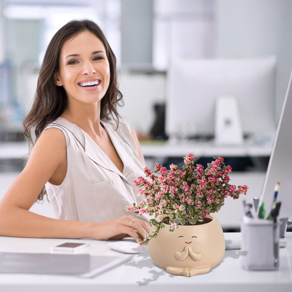 Naseom Blumentopf, Harz Smile Pflanztöpfe für Sukkulenten, Garten-Blumentopf Blumen-Pflanztöpfe, Büro-Heimpflanze mit Lächeln-Gesicht, Tragbarer Blumentöpfe für Garten/Schule/Haus (Beige)