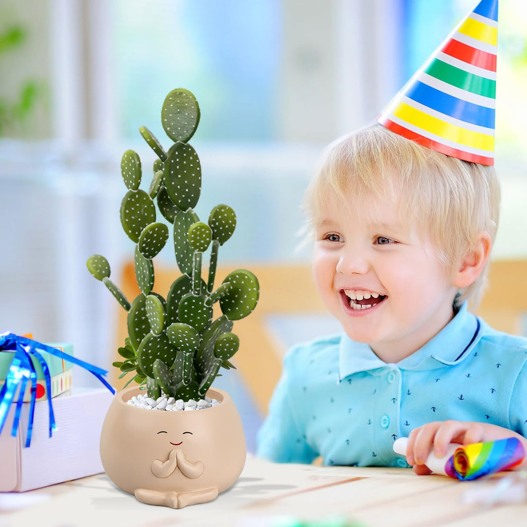 Naseom Blumentopf, Harz Smile Pflanztöpfe für Sukkulenten, Garten-Blumentopf Blumen-Pflanztöpfe, Büro-Heimpflanze mit Lächeln-Gesicht, Tragbarer Blumentöpfe für Garten/Schule/Haus (Beige)