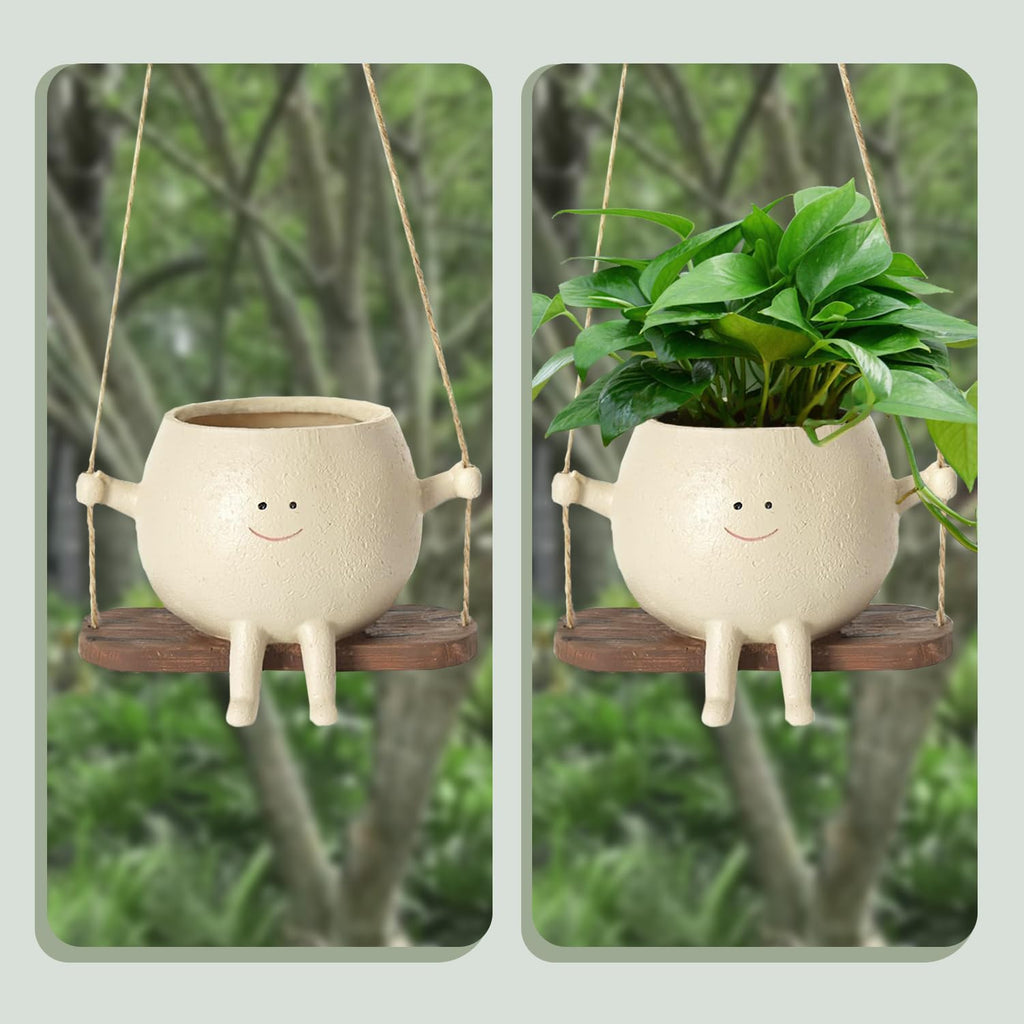 Umikk Hängende Blumentöpfe mit Schaukel Gesicht, Blumentopf mit Gesicht, Übertopf Mit Hängendem Kopf Swing Face Übertopf, Niedlicher Blumentopf Mit Lächeln-Gesicht Und Schaukel