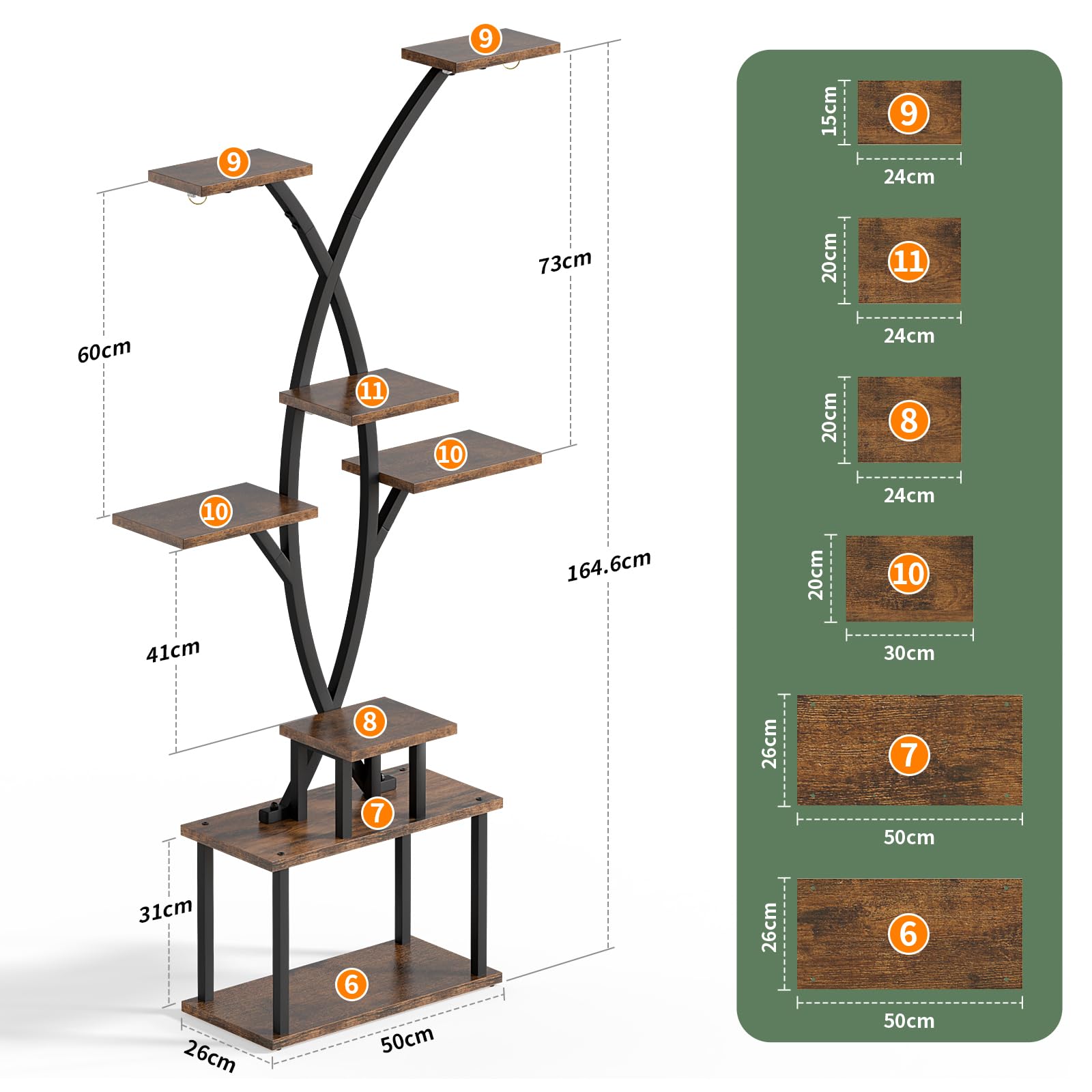 JUSTOGO Blumenständer Pflanzenständer mit Wachstumslichtern - 7 Etagen Pflanzenregal Indoor aus Holz und Metall, 164cm Blumenregal Groß für Wohnzimmer, Balkon, Schlafzimmer, Garten