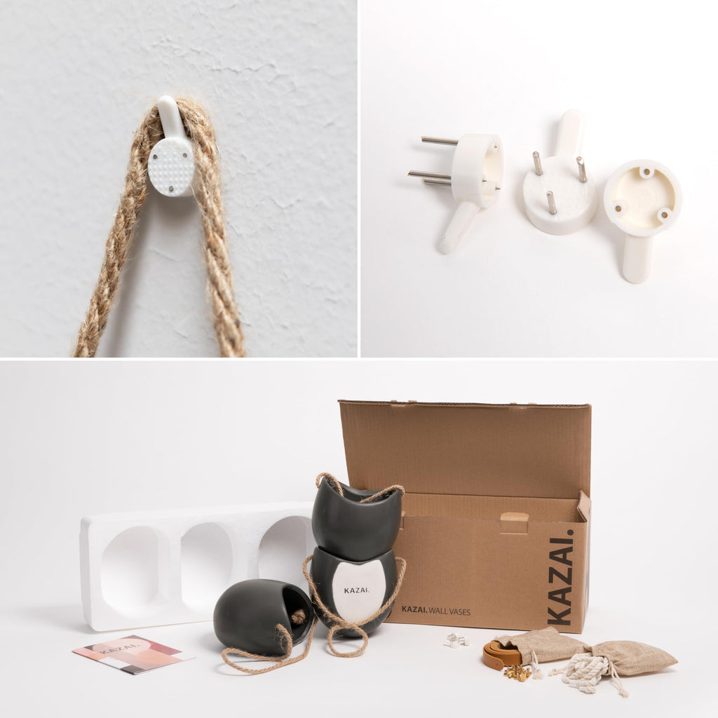 Kazai. Wandvasen -Ellie- | Hängende Keramik-Blumentöpfe 3-teilig | Wand-Deko für Zimmer, Balkon und Garten | Graphit (matt)