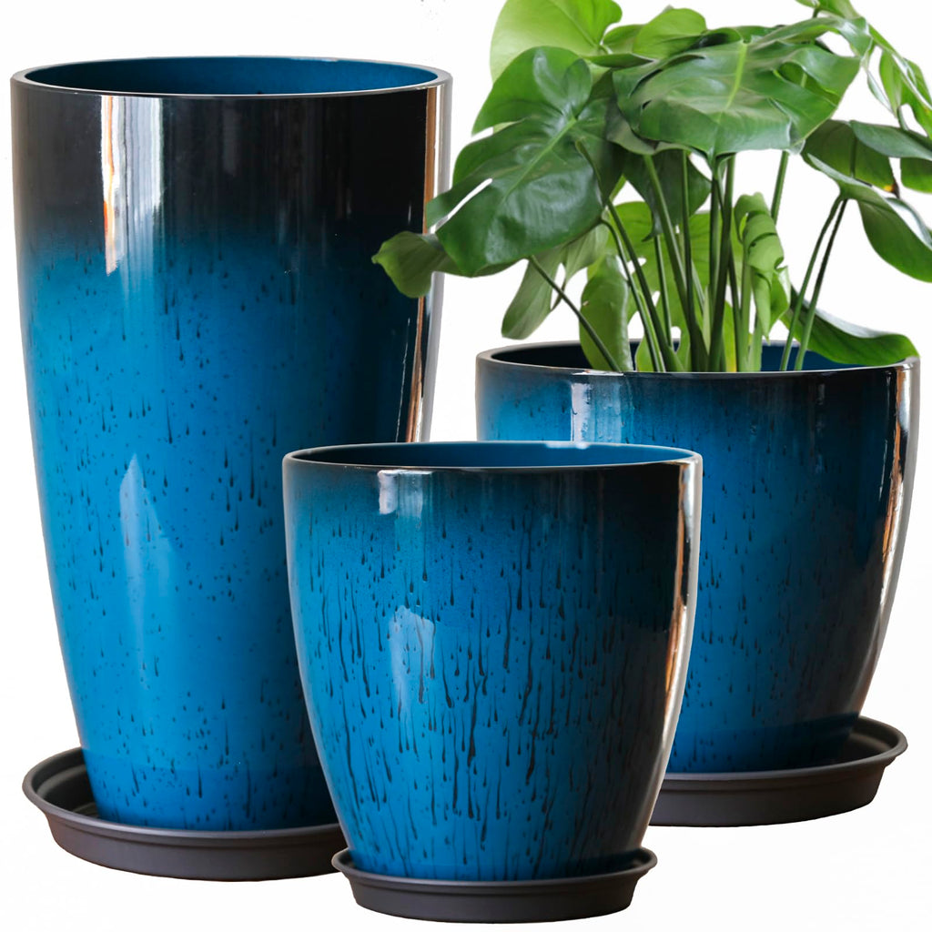 Große Kunststoff-Pflanzgefäße mit Tablett 28+30+53 cm Höhe 3er-Set für den Innen- und Außenbereich, leicht, dekorative Blumentöpfe, hoher Pflanztopf für Garten, Terrasse, Veranda, Ecke, blau, rund
