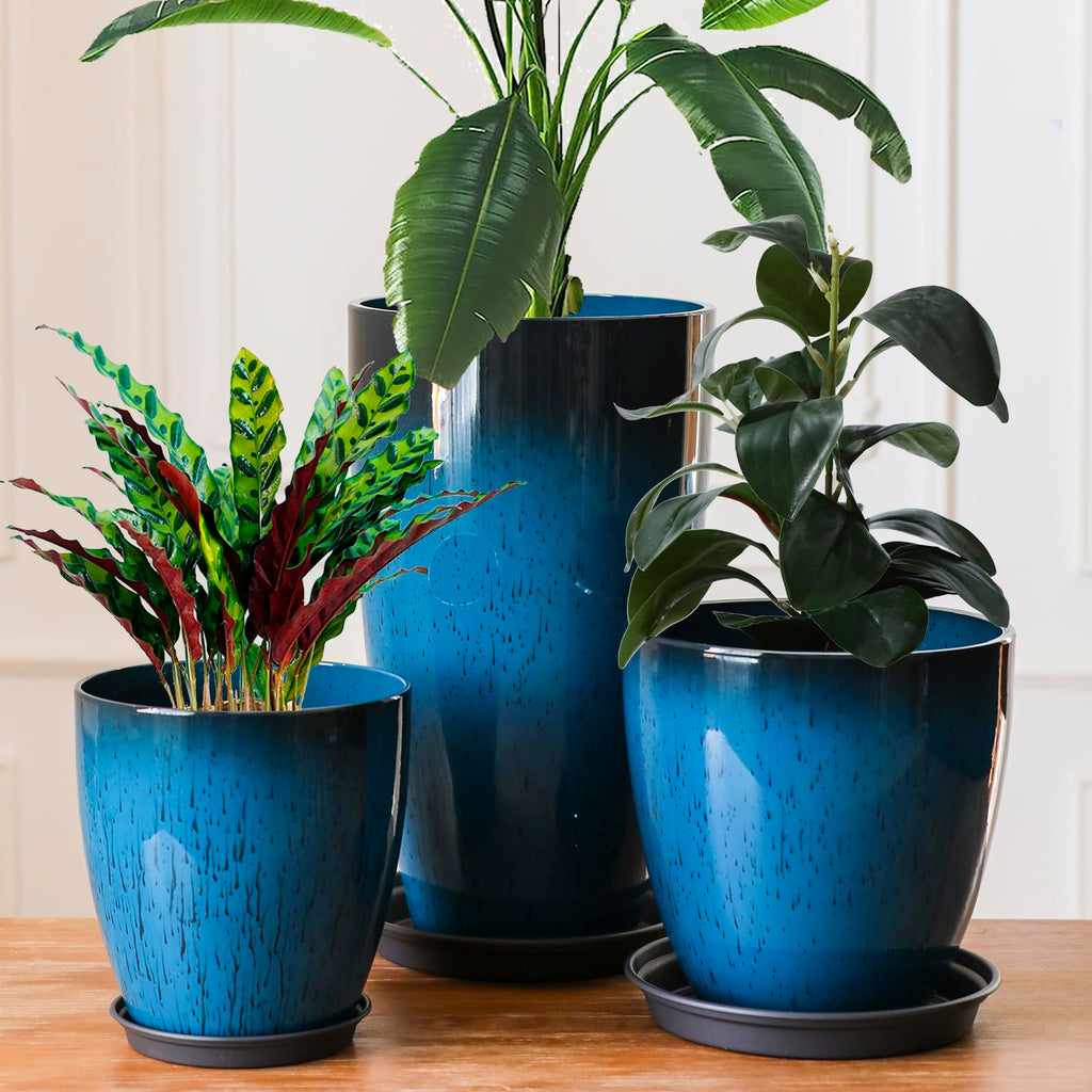 Große Kunststoff-Pflanzgefäße mit Tablett 28+30+53 cm Höhe 3er-Set für den Innen- und Außenbereich, leicht, dekorative Blumentöpfe, hoher Pflanztopf für Garten, Terrasse, Veranda, Ecke, blau, rund