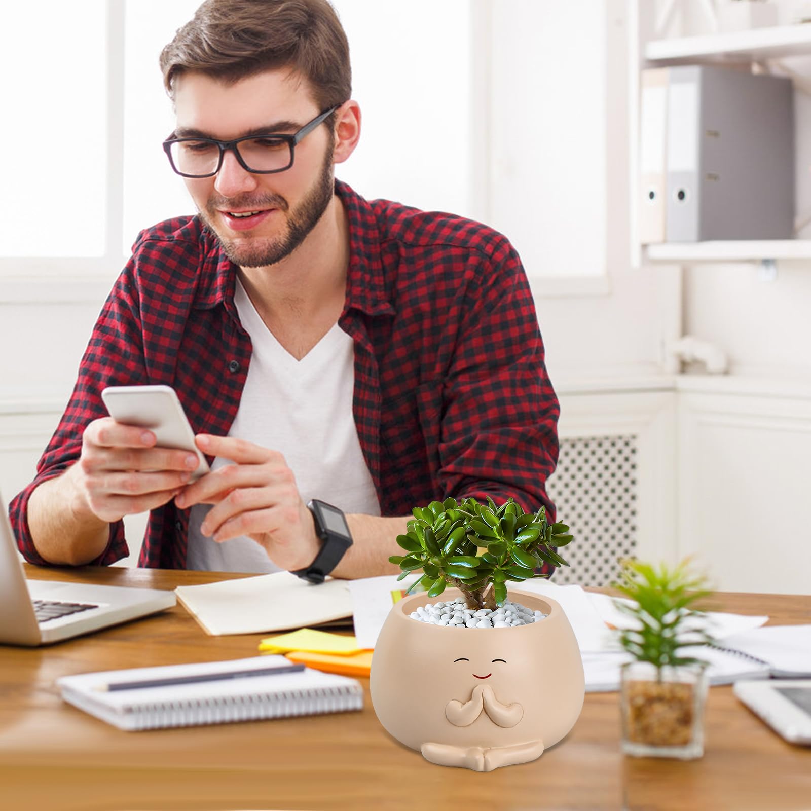 Naseom Blumentopf, Harz Smile Pflanztöpfe für Sukkulenten, Garten-Blumentopf Blumen-Pflanztöpfe, Büro-Heimpflanze mit Lächeln-Gesicht, Tragbarer Blumentöpfe für Garten/Schule/Haus (Beige)