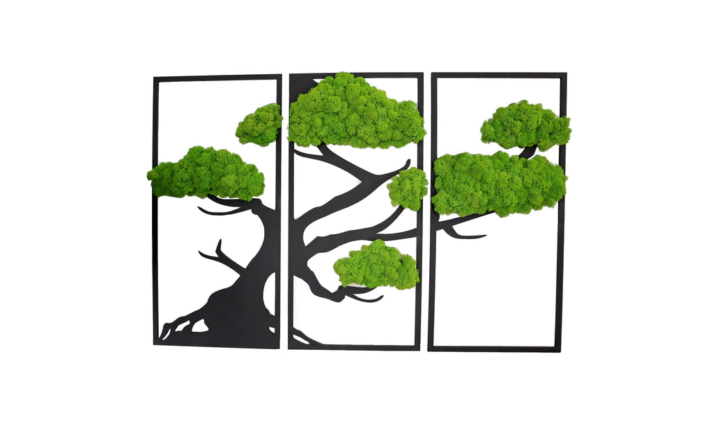 Hello Moss Wanddeko Moosbilder Triptychon in Form Eines Bonsai-Baumes - Schön Aussehender Wand Baum - Wandbild aus Natürlichen Rohstoffen und Deko Moos (schwarz-hellgrün, 29x60cm)