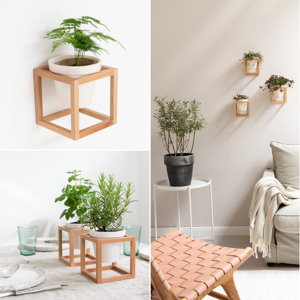 Kazai. Wandvasen -Lille- | Hängende Blumentöpfe in Echtholzrahmen | 3-teiliges Übertopf-Set aus Keramik und Holz für Wand, Tisch und mehr | Natur-Braun