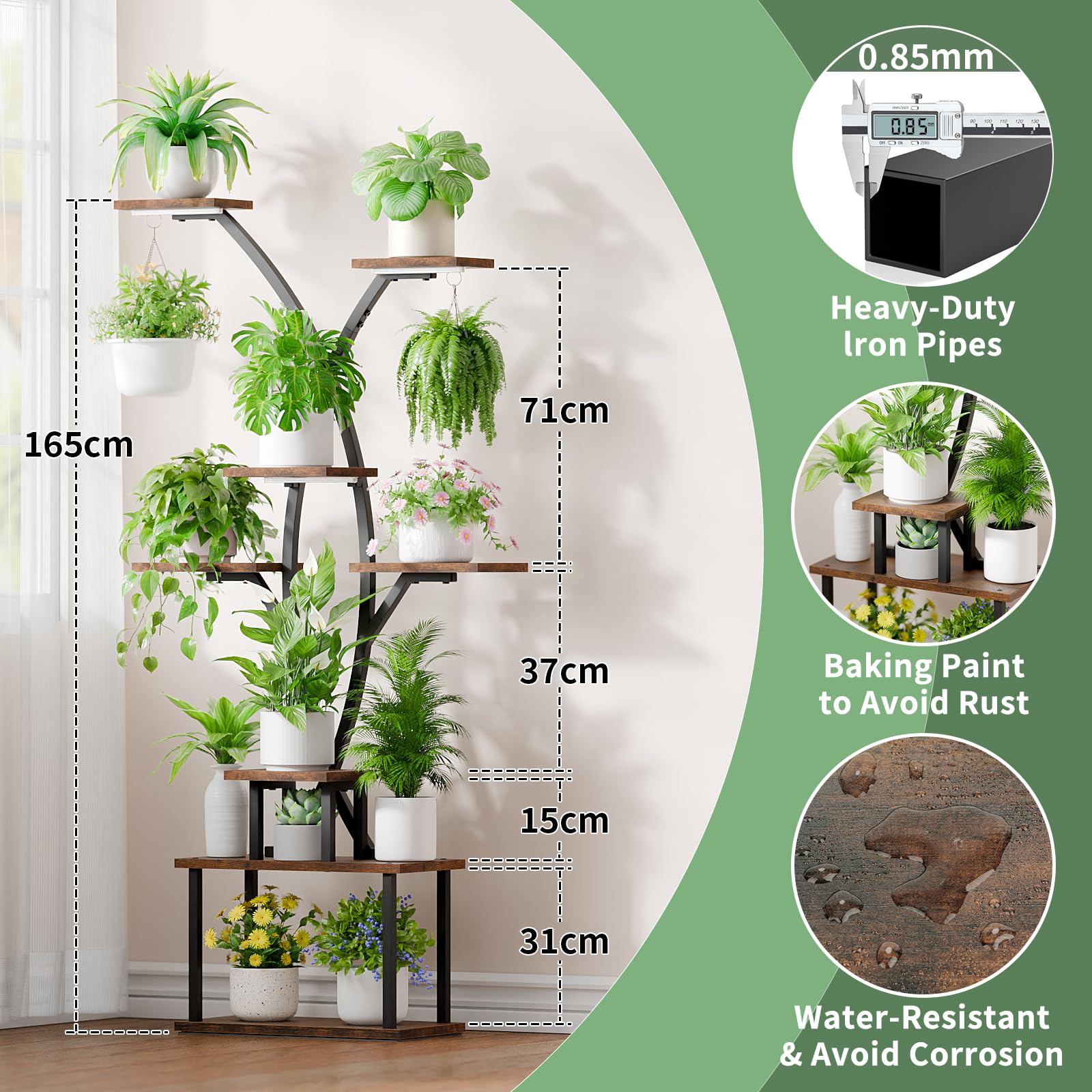 JUSTOGO Blumenständer Pflanzenständer mit Wachstumslichtern - 7 Etagen Pflanzenregal Indoor aus Holz und Metall, 164cm Blumenregal Groß für Wohnzimmer, Balkon, Schlafzimmer, Garten