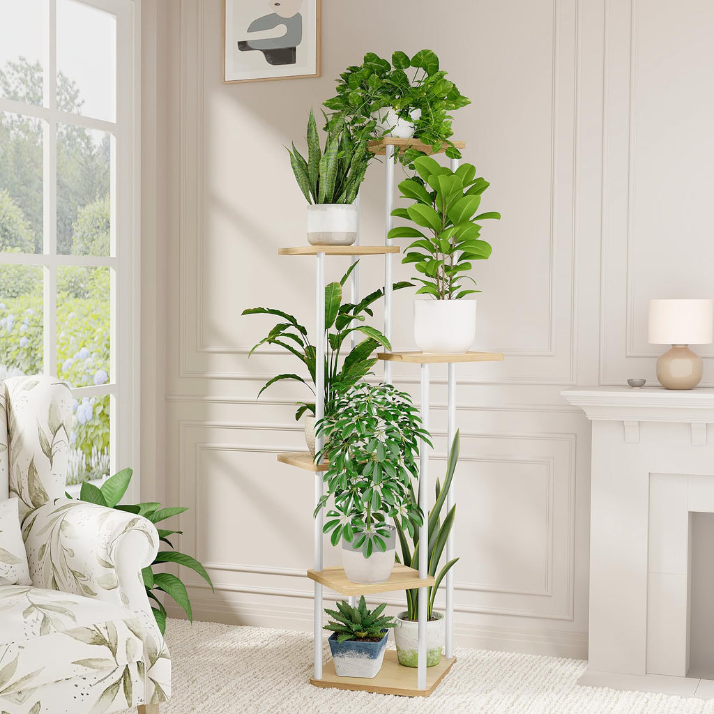 Bamworld Pflanzenständer Blumenständer Indoor 6 Etagen Pflanzenregal Blumentreppe Metall Outdoor Balkon Deko Schlafzimmer Blumentopf Zimmerpflanzen Pflanztisch (weis)