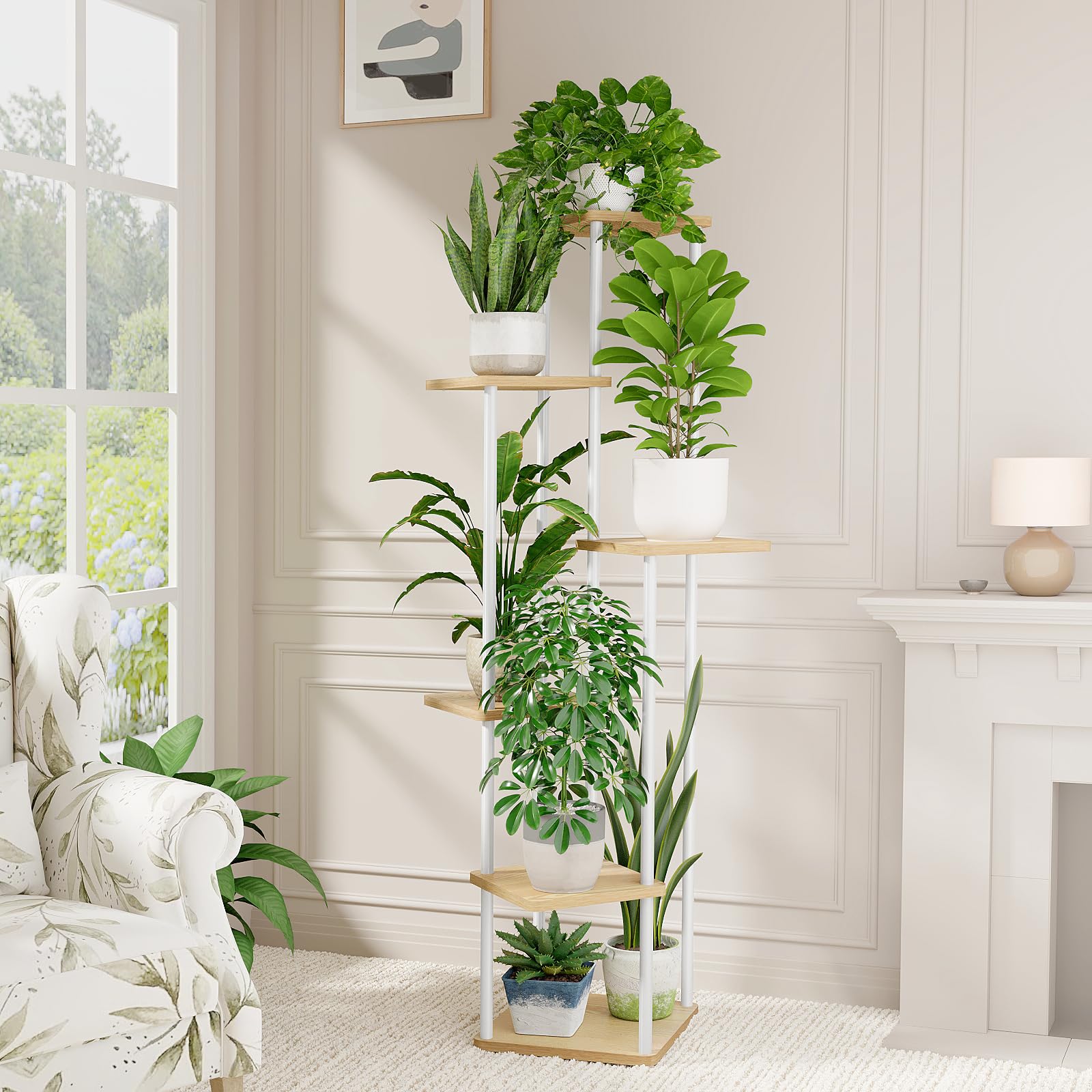 Bamworld Pflanzenständer Blumenständer Indoor 6 Etagen Pflanzenregal Blumentreppe Metall Outdoor Balkon Deko Schlafzimmer Blumentopf Zimmerpflanzen Pflanztisch (weis)