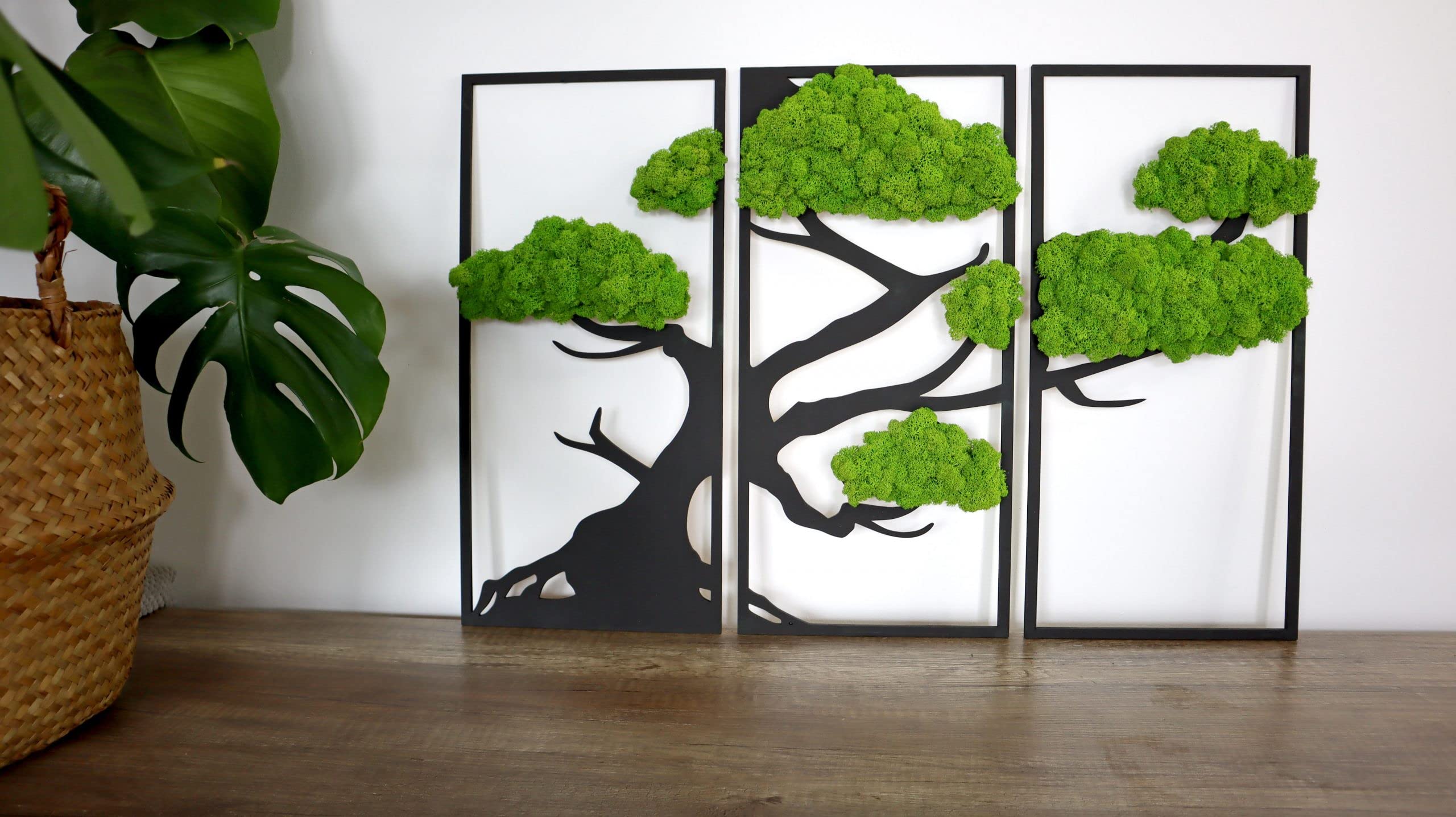 Hello Moss Wanddeko Moosbilder Triptychon in Form Eines Bonsai-Baumes - Schön Aussehender Wand Baum - Wandbild aus Natürlichen Rohstoffen und Deko Moos (schwarz-hellgrün, 29x60cm)