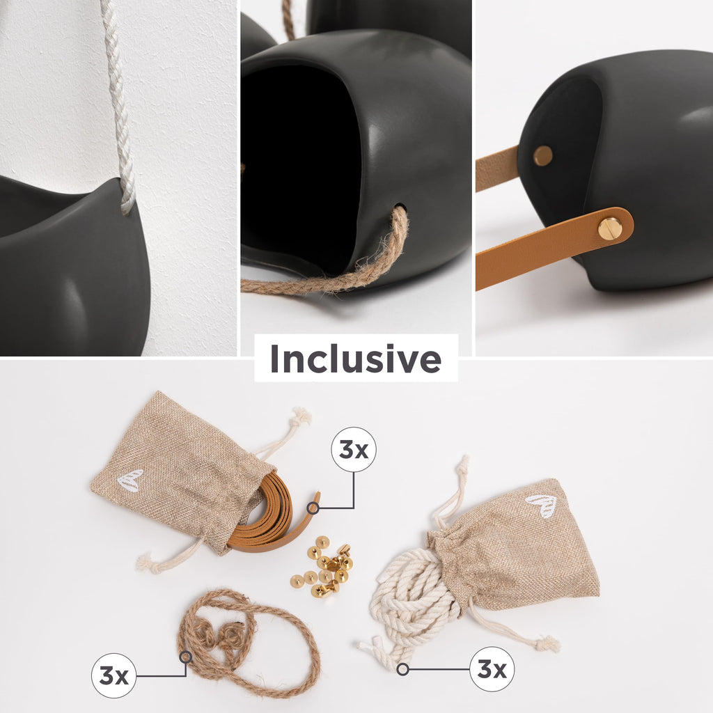 Kazai. Wandvasen -Ellie- | Hängende Keramik-Blumentöpfe 3-teilig | Wand-Deko für Zimmer, Balkon und Garten | Graphit (matt)