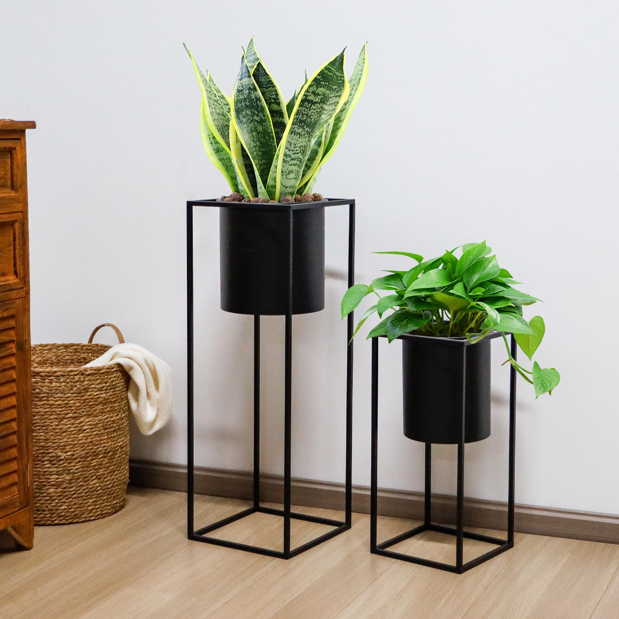 TRIROCKS 2er-Set Moderne Pflanzgefäße mit Ständer für Drinnen und Draußen 70/45 cm Hohe Blumentöpfe für Wohnzimmer Ecke Küche Büro Garten Balkon Terrassendekor (Schwarz)