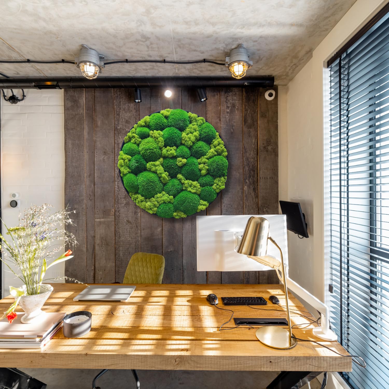 HelloMoss Moosbild mit Rahmen Rund – Wanddeko aus stabilisiertem Moos | Metallrahmen schwarz/weiß | 40/50/60 cm | Naturbild ohne Pflege | Dekoration für Büro & Zuhause (Weiß, 60 cm, Metall)