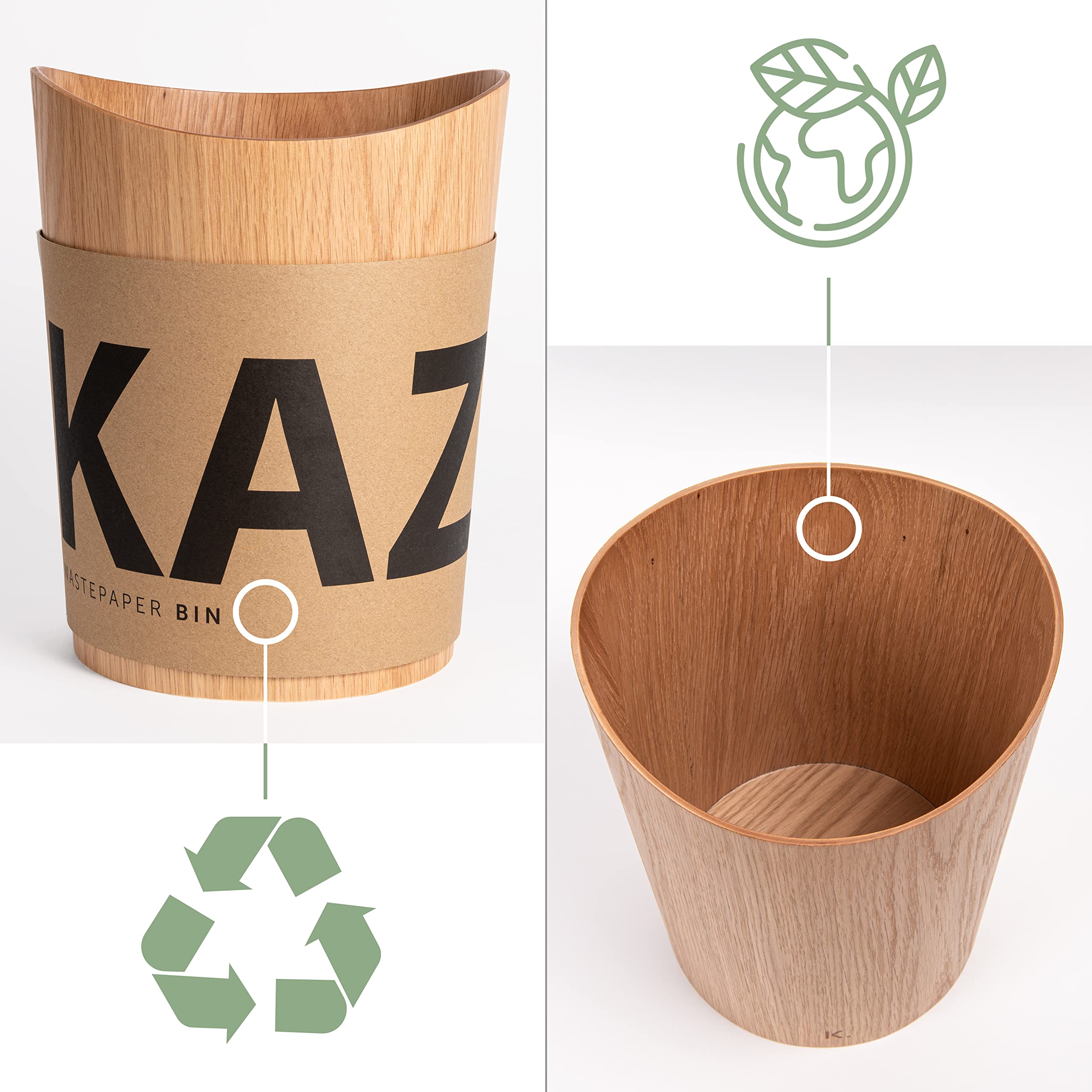 Kazai. Echtholz Papierkorb Börje | Holz Mülleimer für Büro, Kinderzimmer, Schlafzimmer u.m. | 9 Liter | Eiche