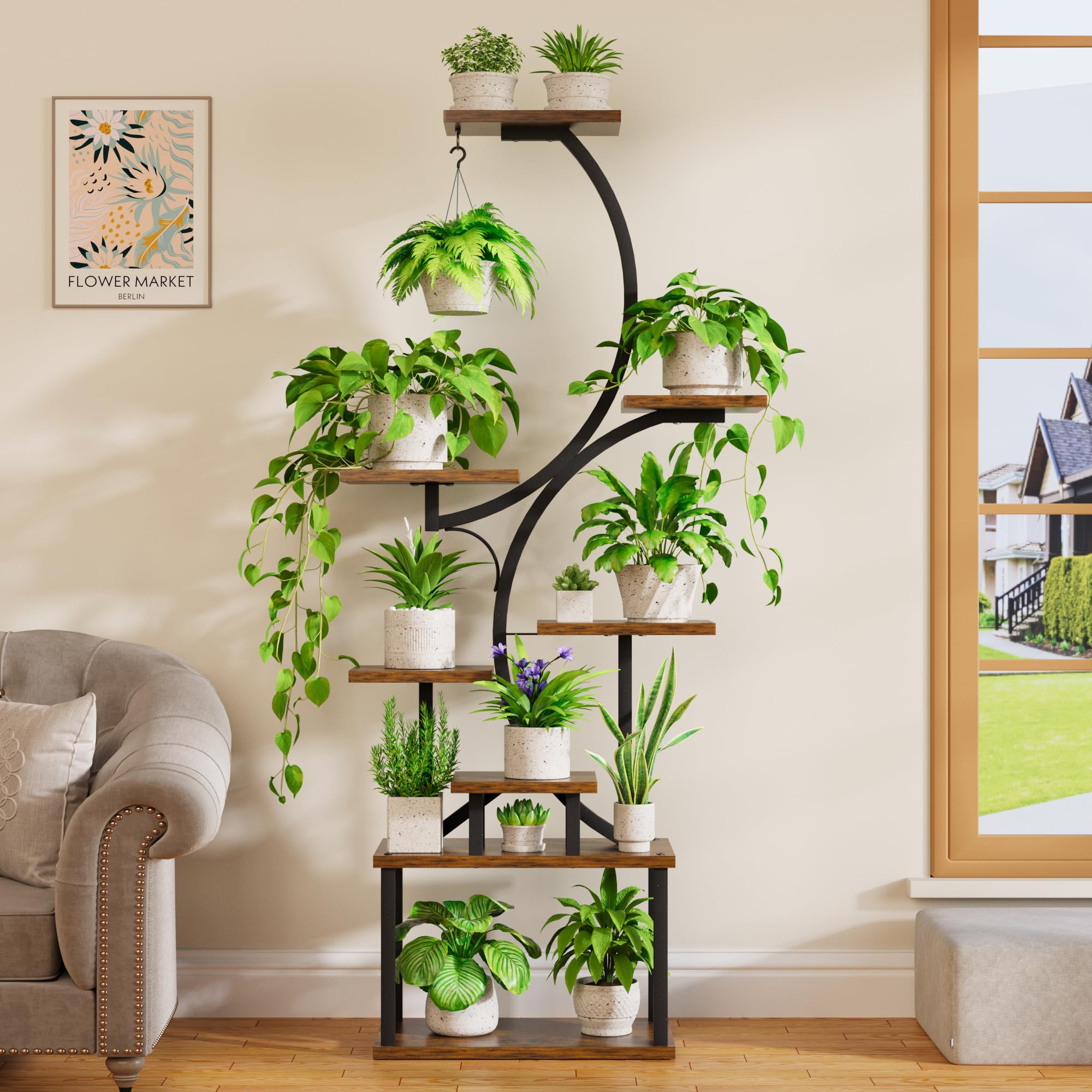 BACEKOLL 8 Ebenen Blumenständer 157cm - Metall-Holz Pflanzenregal - Innen & Außen Blumentreppe - Dekoratives Schwarz Blumenregal für Innen Garten Balkon (Ohne Licht)