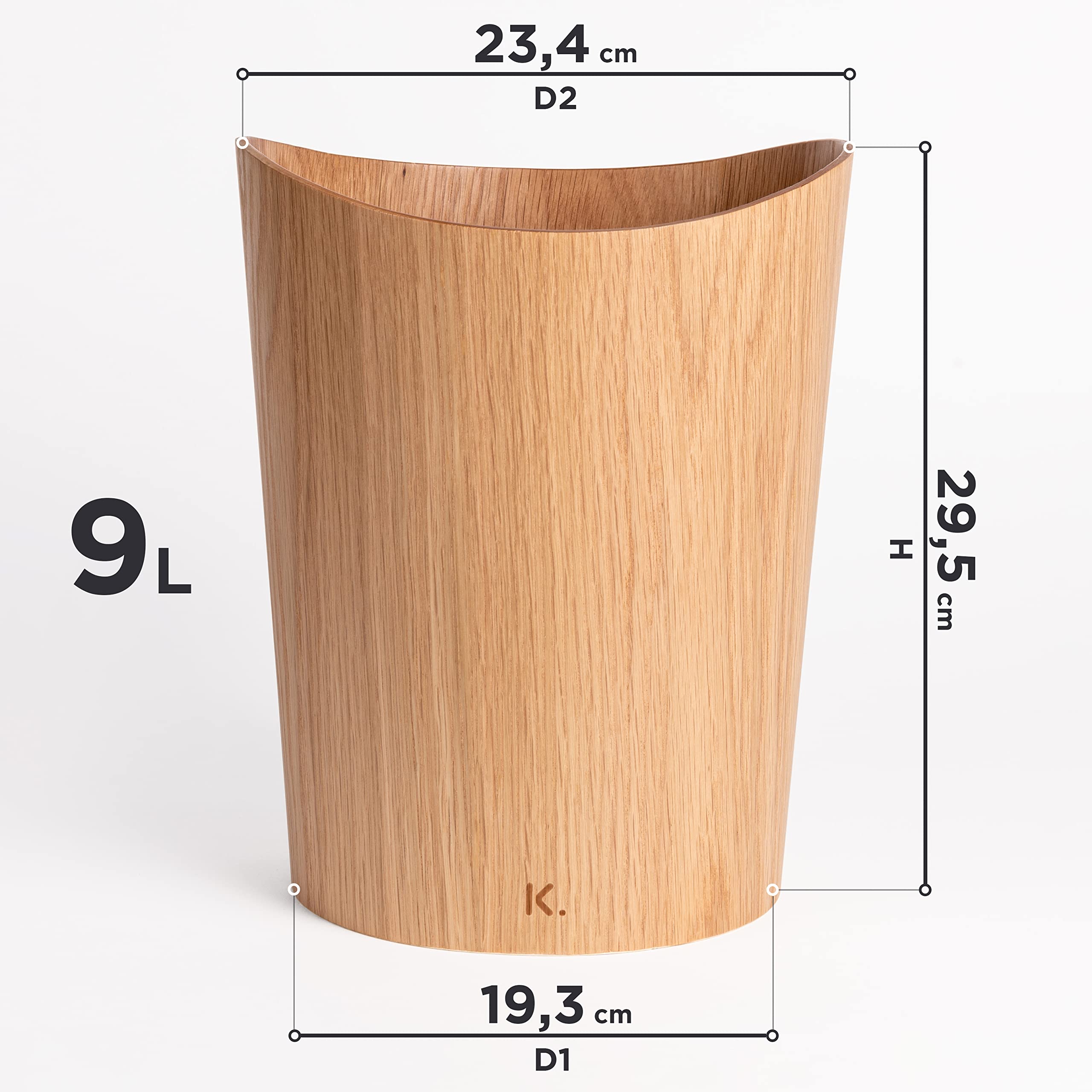 Kazai. Echtholz Papierkorb Börje | Holz Mülleimer für Büro, Kinderzimmer, Schlafzimmer u.m. | 9 Liter | Eiche