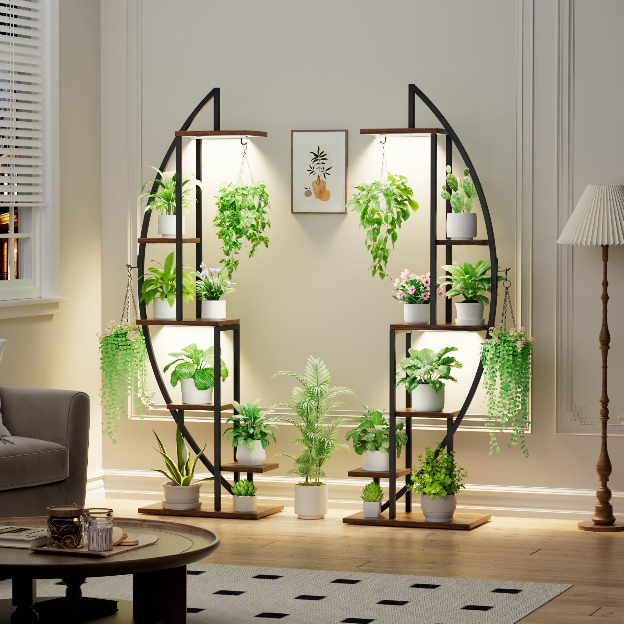 BACEKOLL 6 Ebenen Blumenständer mit Wachstumslichtern - Metall Holz Pflanzenregal - 160CM Innen Blumentreppe - Dekoratives Schwarz Blumenregal für Innen Fensterbank Wohnzimmer 2 STÜCK