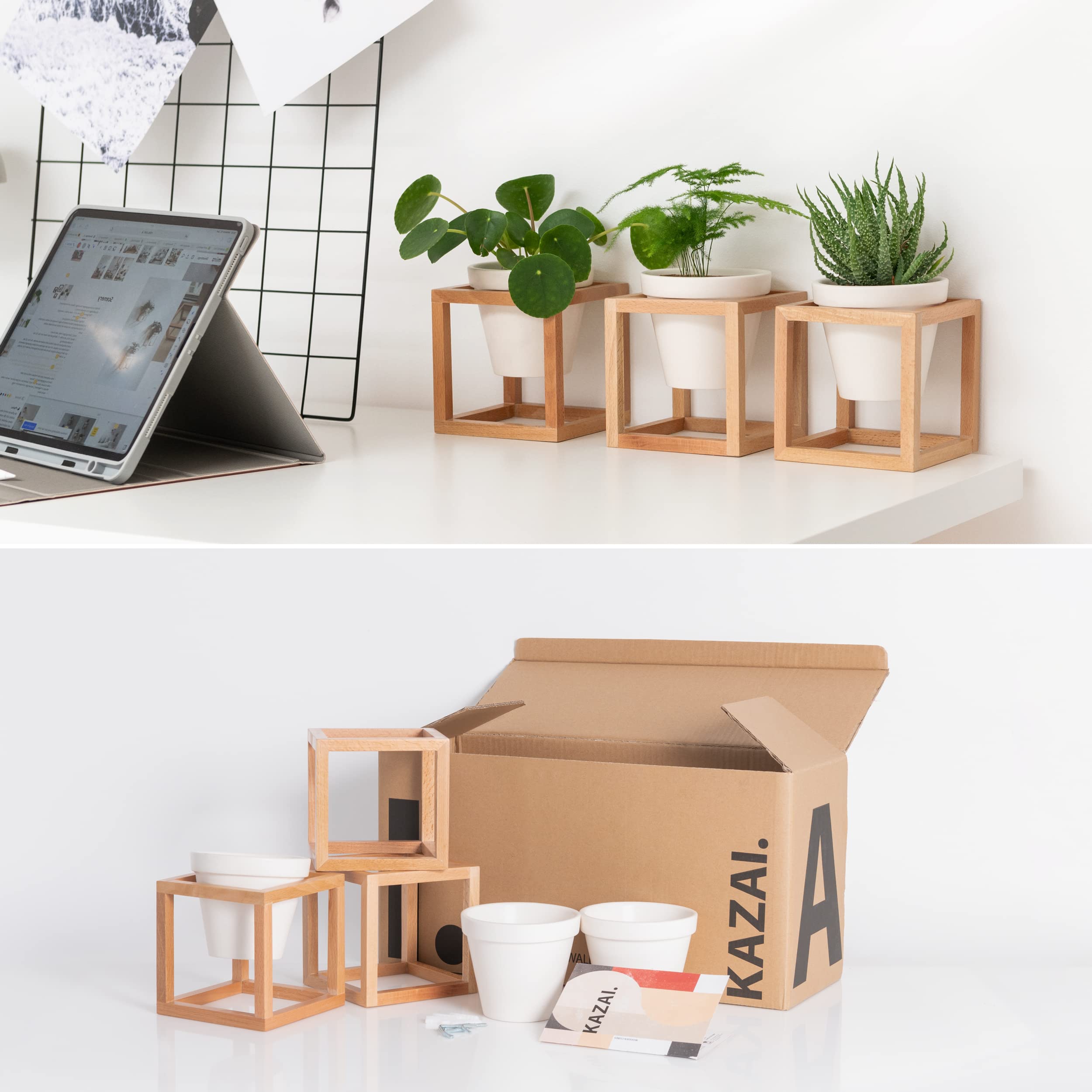 Kazai. Wandvasen -Lille- | Hängende Blumentöpfe in Echtholzrahmen | 3-teiliges Übertopf-Set aus Keramik und Holz für Wand, Tisch und mehr | Natur-Braun