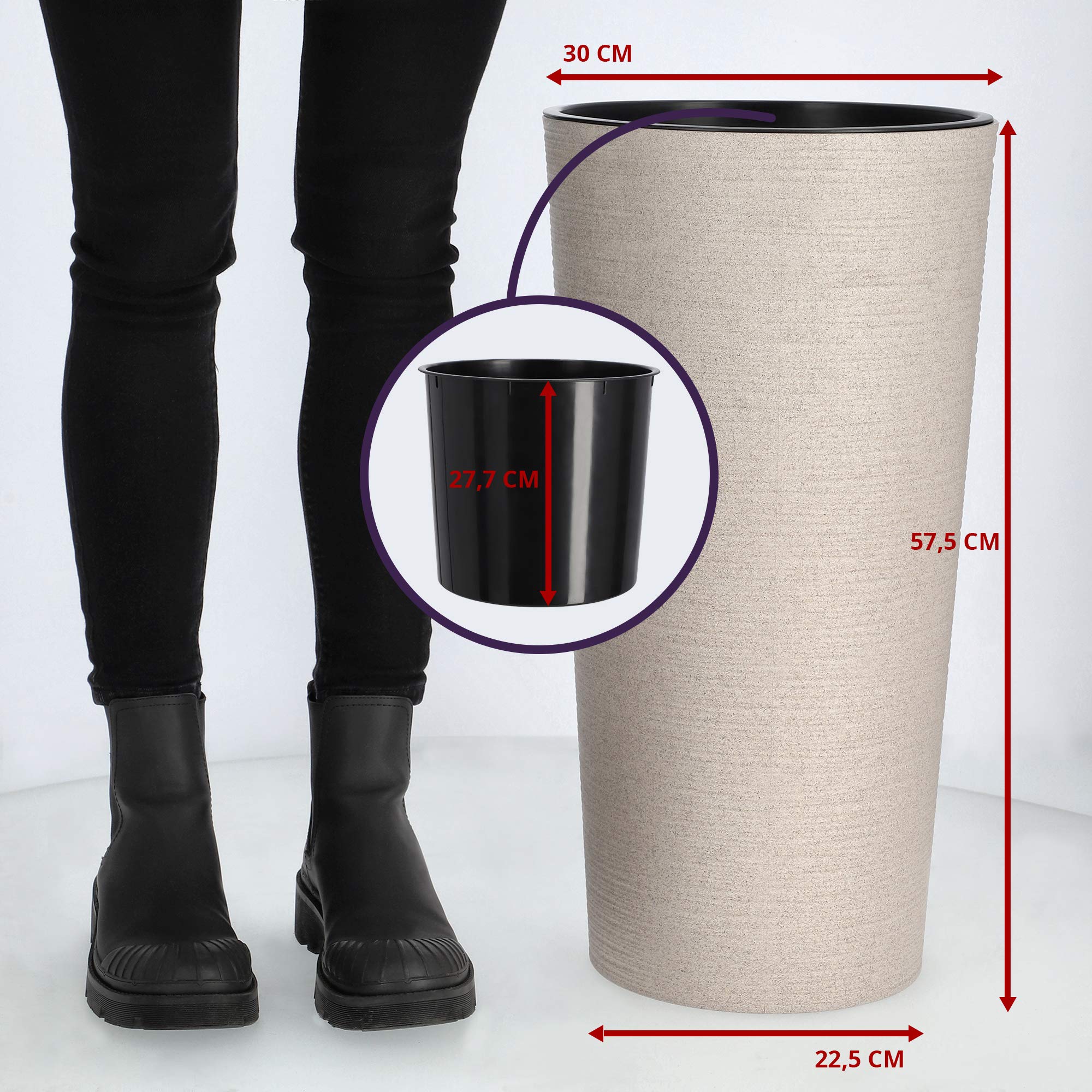 KADAX Pflanzkübel mit Innentopf Creme Ø 30 cm, Höhe 57.5 cm – Moderner Pflanztopf mit Einsatz, Blumentopf aus robuster Kunststoff für Innen- und Außenbereich, ideal für Wohnzimmer, Balkon, Büro