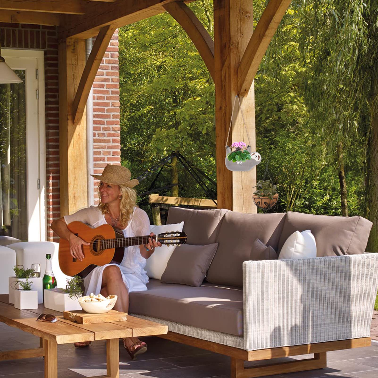 DOITOOL Faultier Form Blumentopf Hängend, Keramik Pflanzenaufhänger Hängeampel Hängende Blumentöpfe Wandvasen Für Pflanzen Innen, Hängende Blumentöpfe Mit Seil, Fensterdeko Hängend Home Office