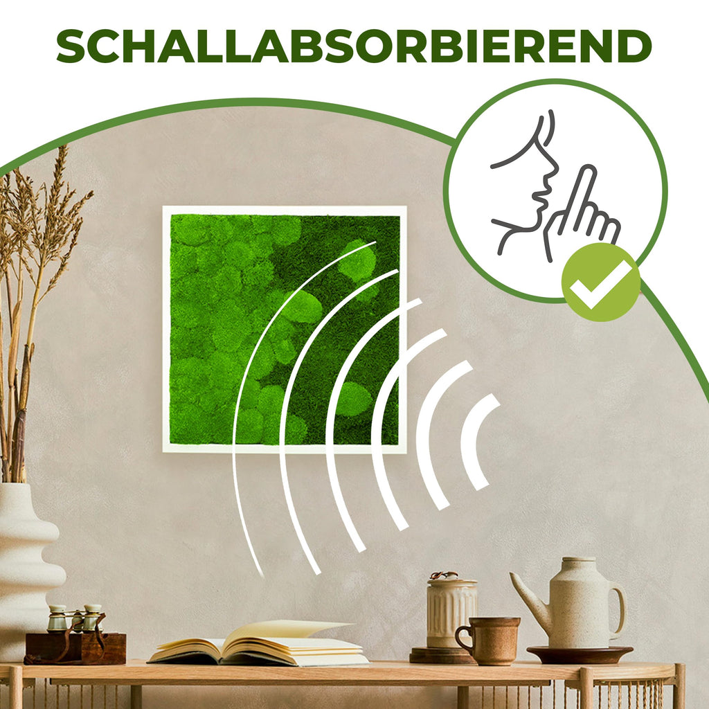 Moosbild Pflanzenbild mit River Design im Verlauf 50% Kugelmoos und 50% Flachmoos rechteckig, Wandbild, Mooswand, Pflanzenbild mit Bollenmoos, Plattenmoos und Holzrahmen (110x55, weiß)