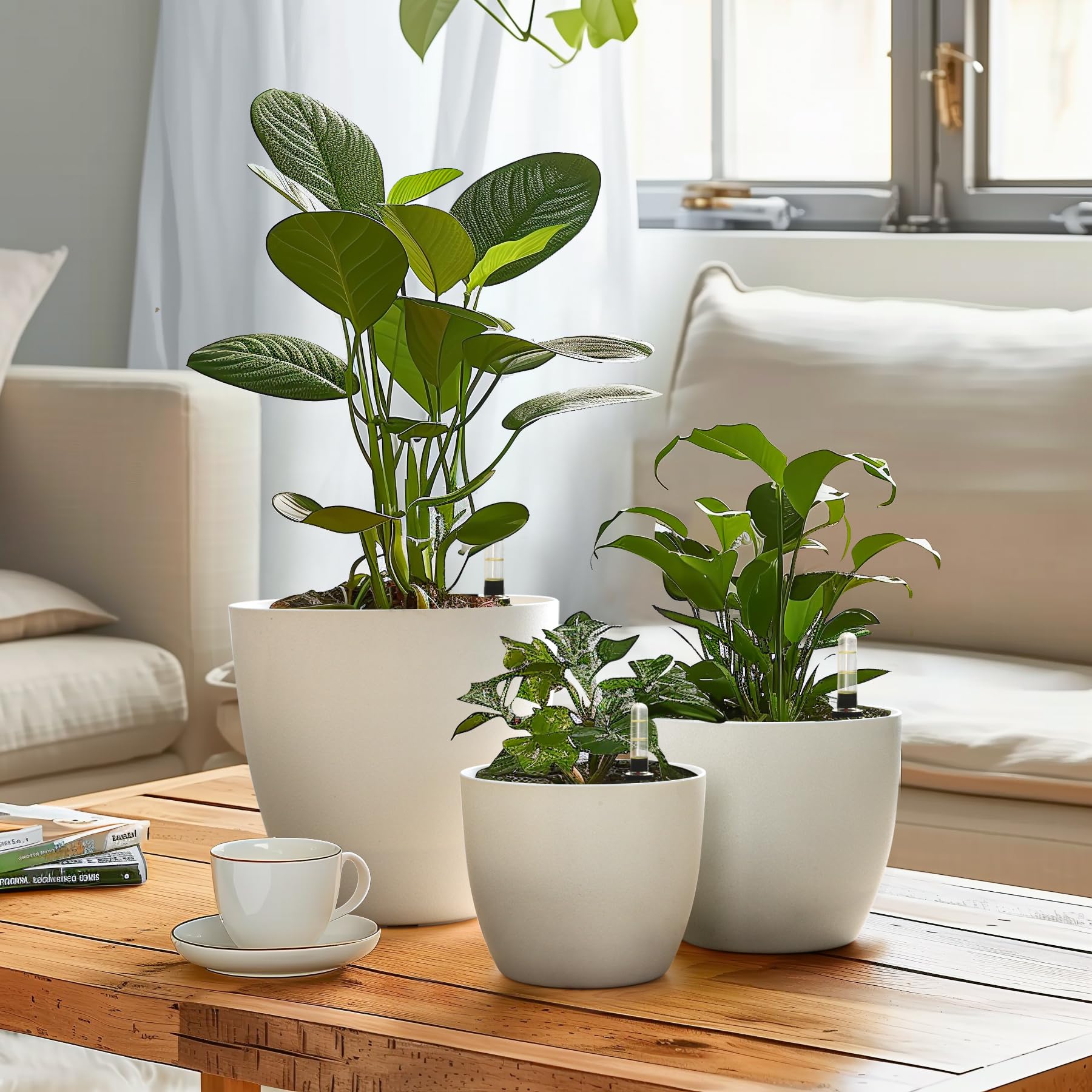 T4U 22cm Selbstwässernder Blumentopf mit Wasseranzeiger Weiß 4er-Set, Selbstbewässerung Wasserspeicher Pflanzgefäß Übertopf für Innen- und Außenbereich