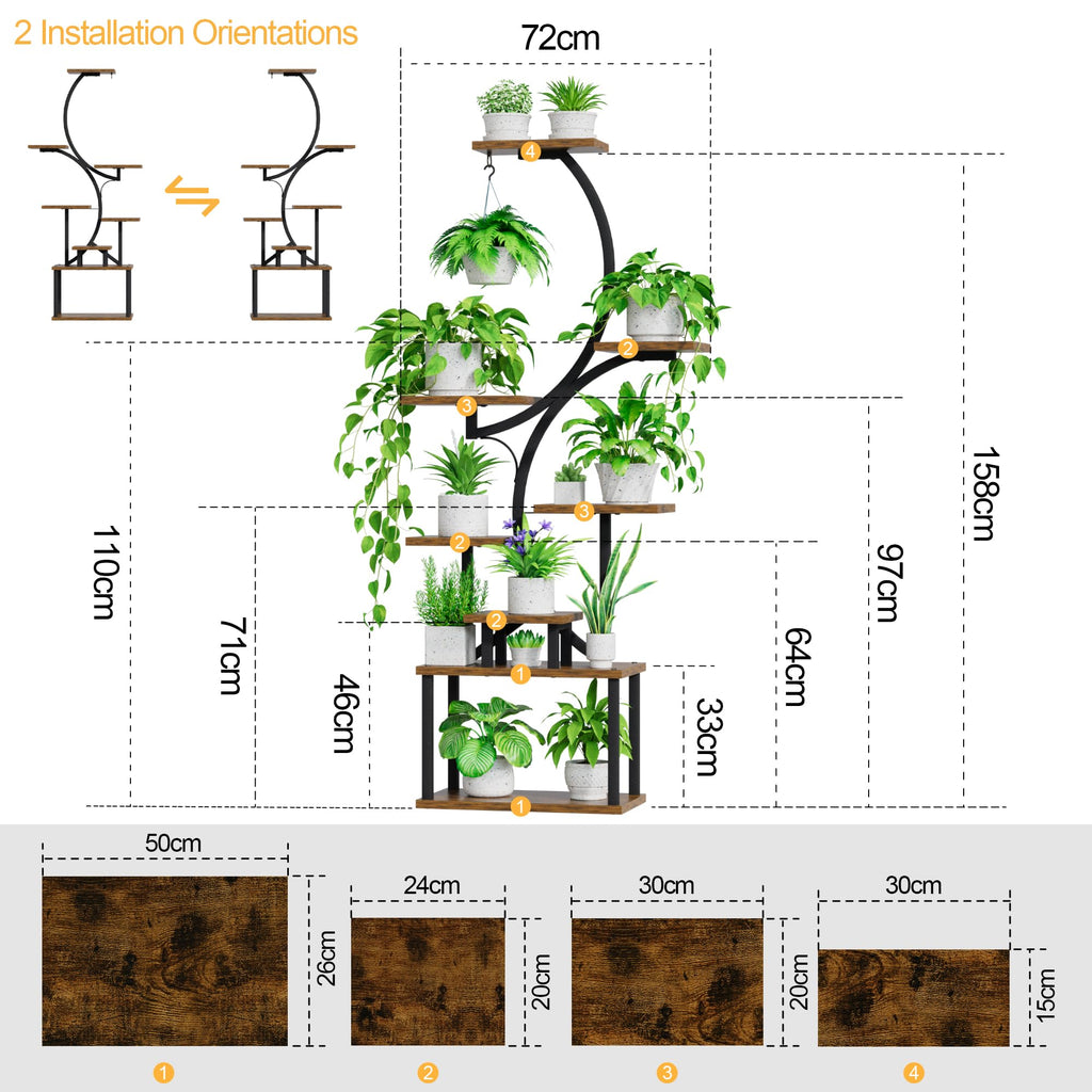 BACEKOLL 8 Ebenen Blumenständer 157cm - Metall-Holz Pflanzenregal - Innen & Außen Blumentreppe - Dekoratives Schwarz Blumenregal für Innen Garten Balkon (Ohne Licht)