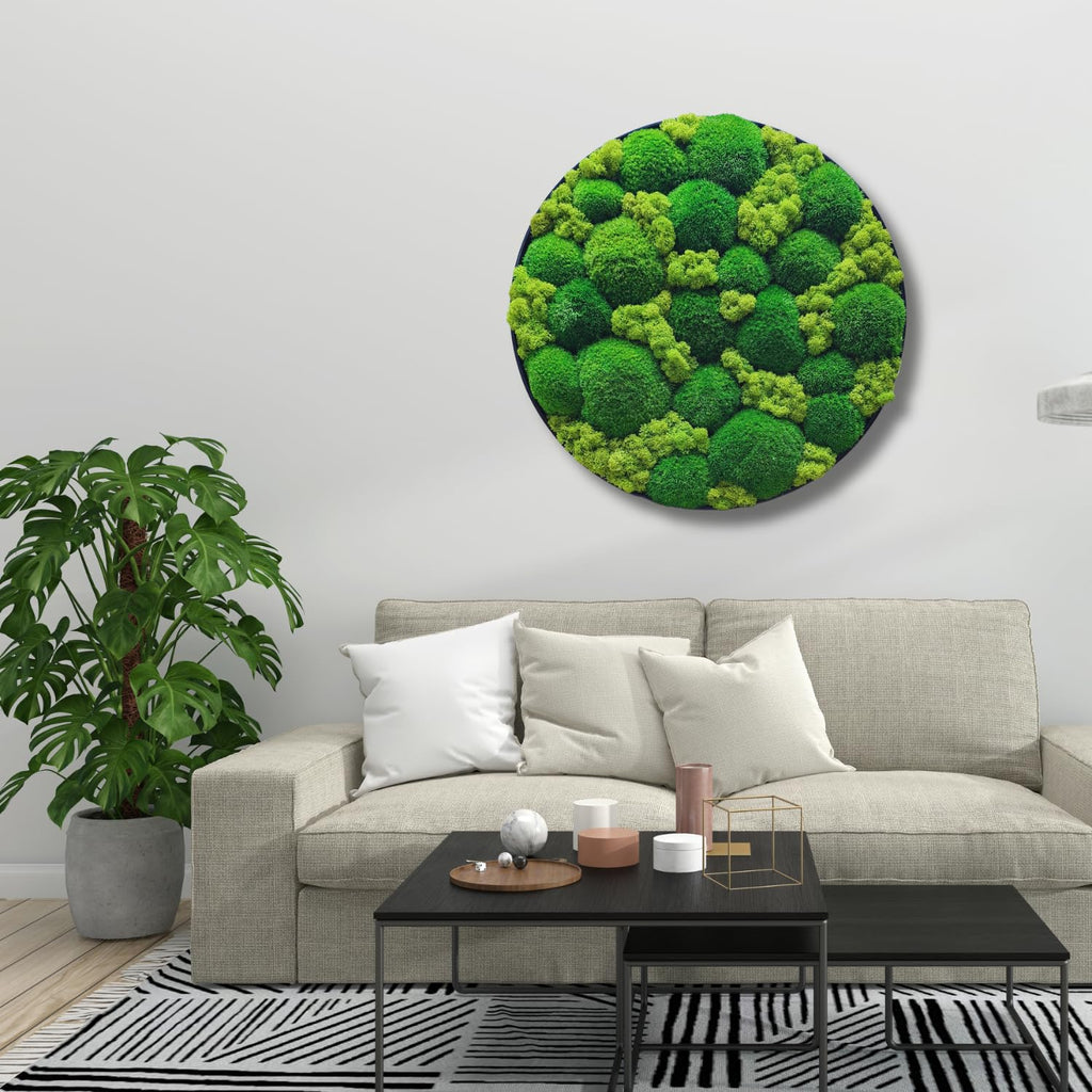 HelloMoss Moosbild mit Rahmen Rund – Wanddeko aus stabilisiertem Moos | Metallrahmen schwarz/weiß | 40/50/60 cm | Naturbild ohne Pflege | Dekoration für Büro & Zuhause (Weiß, 60 cm, Metall)