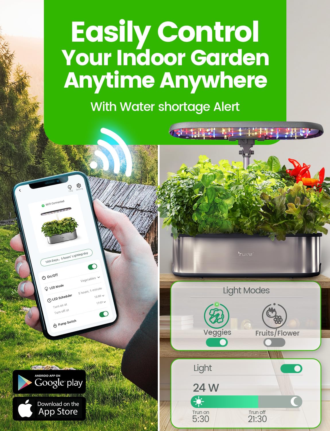 LETPOT LPH-SE WiFi Hydroponisches Anzuchtsystem, 12 Hülsen Smart Herb Garden Kit für Innenräume, Indoor Garten mit 24W LED Wachstumslicht, 5,5L Wassertank, Pumpsystem, automatischer Timer