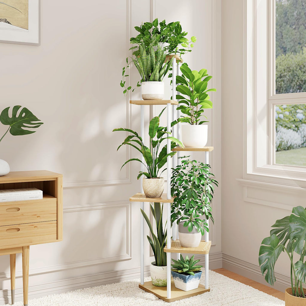Bamworld Pflanzenständer Blumenständer Indoor 6 Etagen Pflanzenregal Blumentreppe Metall Outdoor Balkon Deko Schlafzimmer Blumentopf Zimmerpflanzen Pflanztisch (weis)