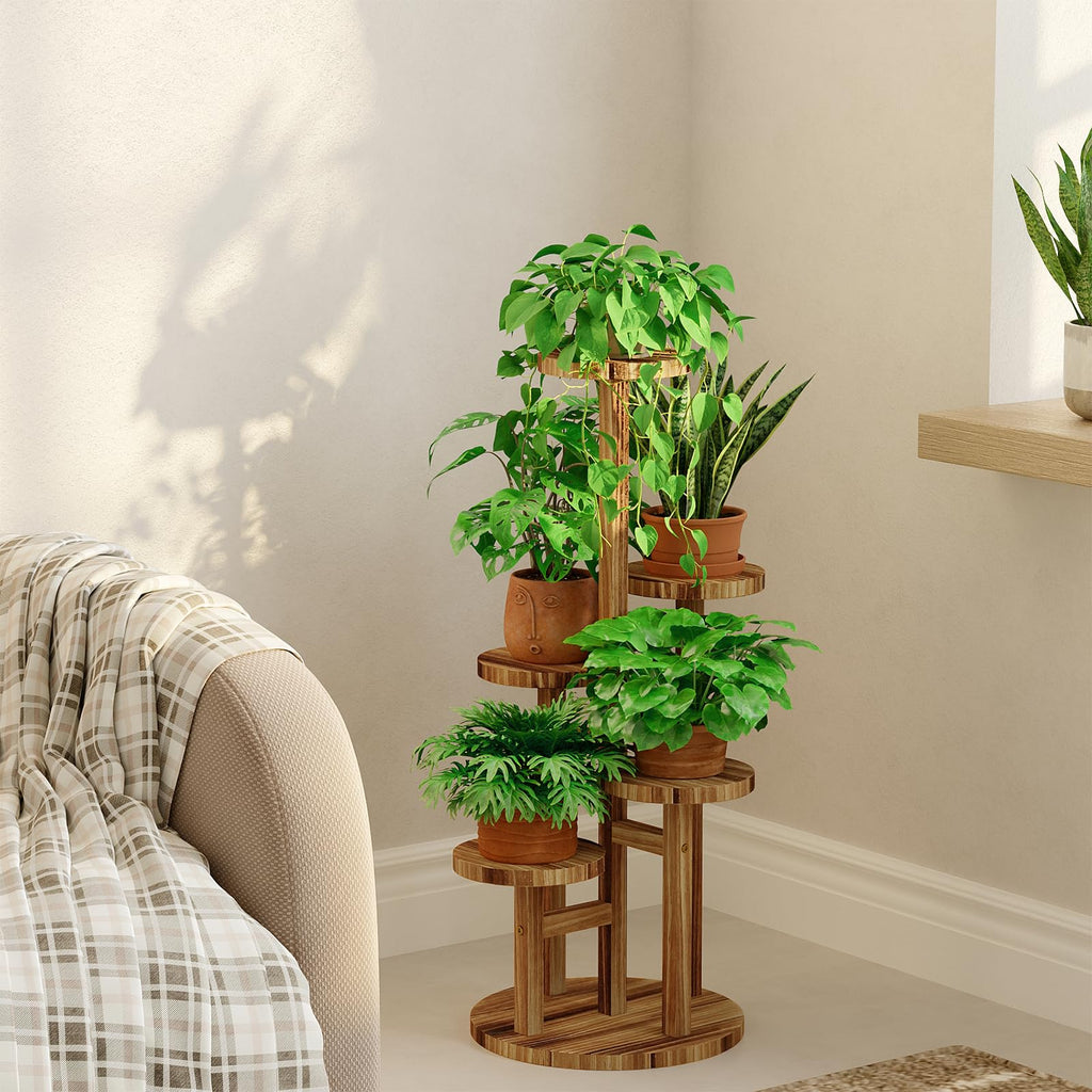 Bamworld Holz Blumenständer Multilevel Pflanzenregal – Raumsparendes Pflanzenträger mit 5 Ebenen für Wohnzimmer & Garten, Als Blumentreppe mit Mehrschichten