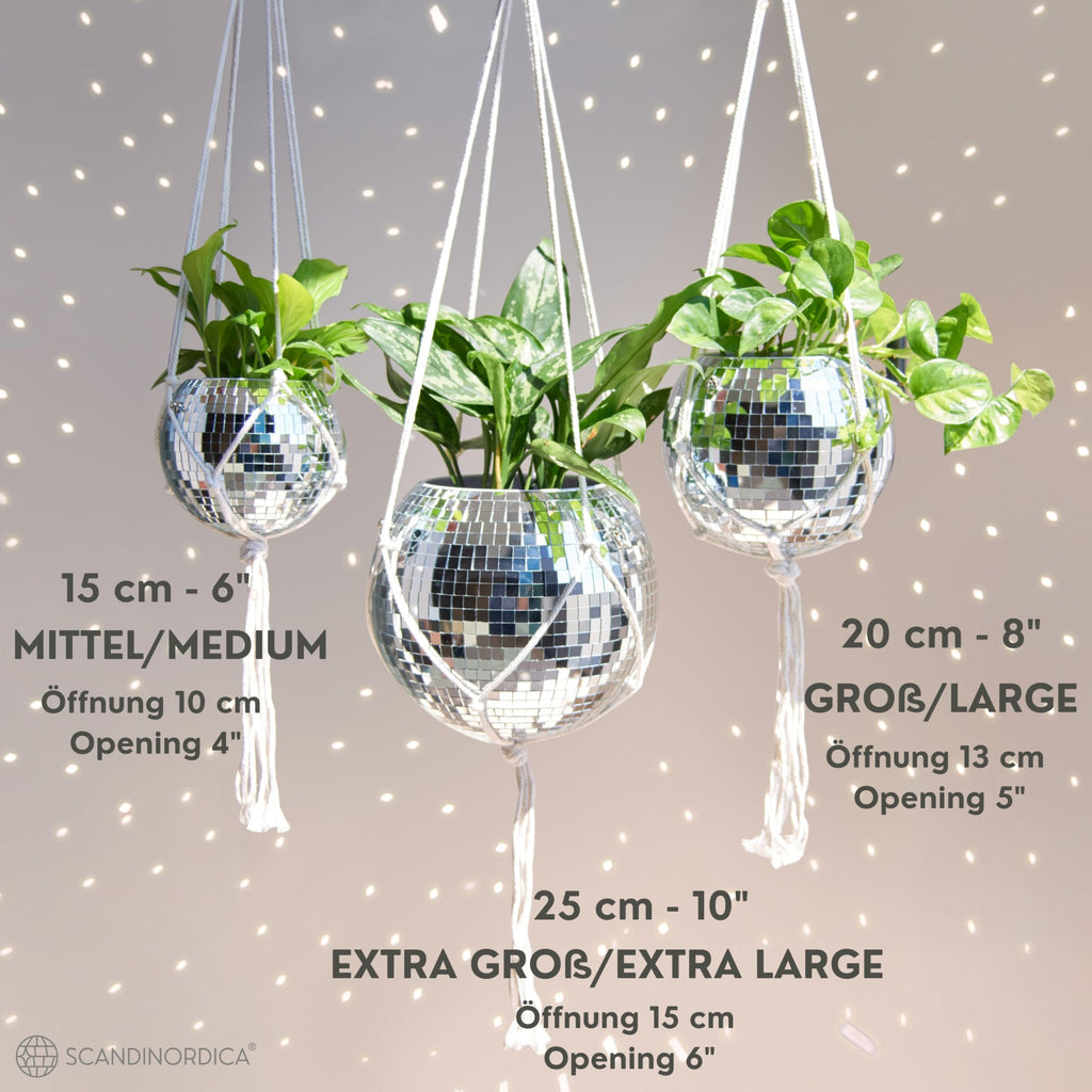 SCANDINORDICA Discokugel blumentopf - Spiegelkugel hängende blumentöpfe, diskokugel Pflanzen, discokugel deko übertopf makramee, Geschenk Freundin | Disco Kugel pflanzentopf – 15 cm Silber