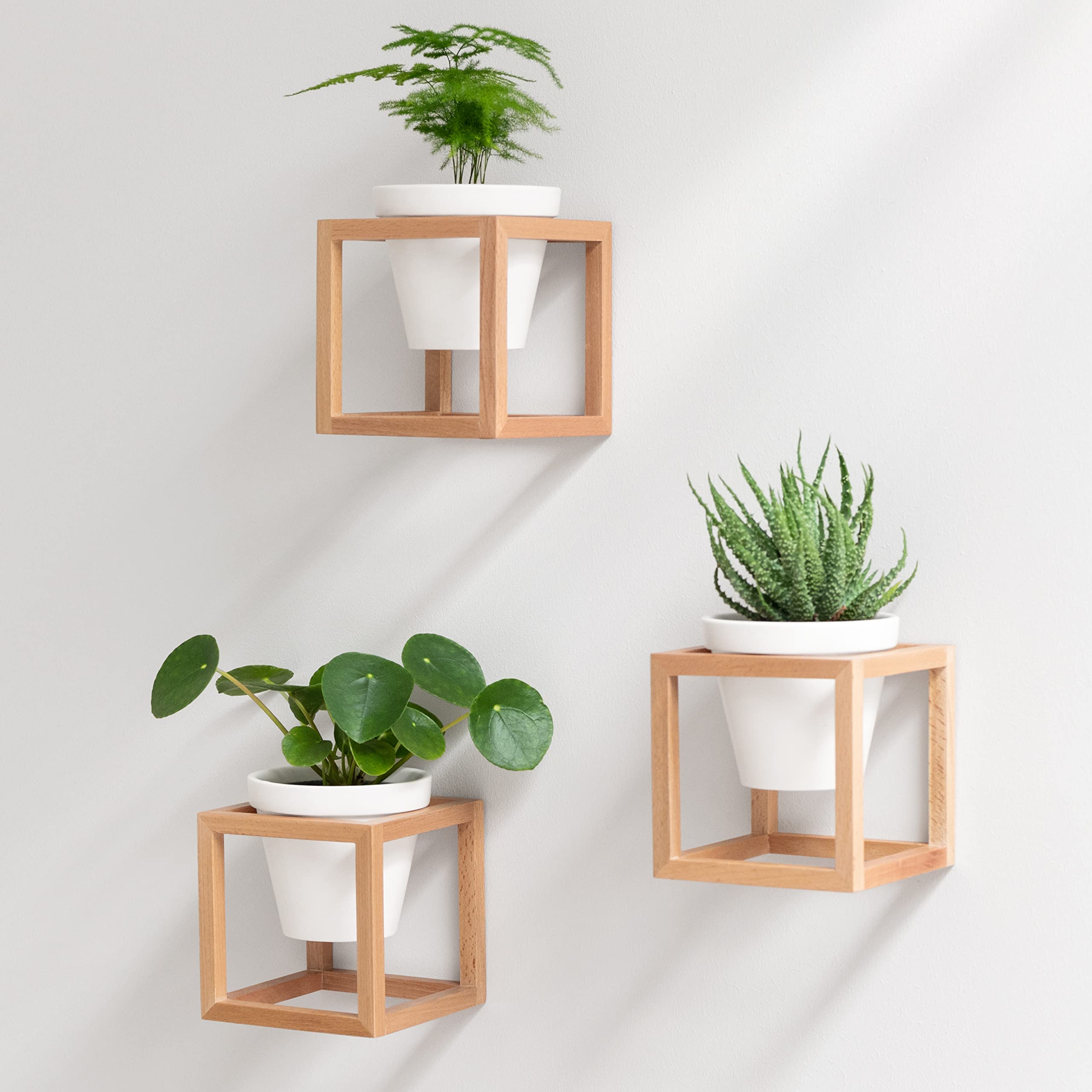 Kazai. Wandvasen -Lille- | Hängende Blumentöpfe in Echtholzrahmen | 3-teiliges Übertopf-Set aus Keramik und Holz für Wand, Tisch und mehr | Natur-Braun