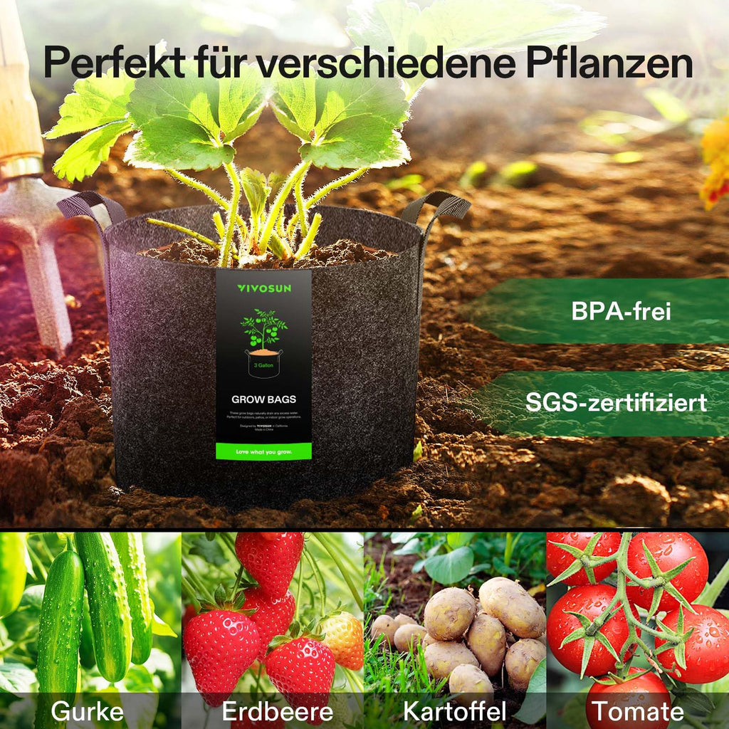 VIVOSUN Pflanzsack 5er-Packung 12L aus Vliesstoff, Hochbelastbarer Verdickter Stofftopf mit Griffen für Gemüse, Blumen, Früchte, Gewächshaus und Garten
