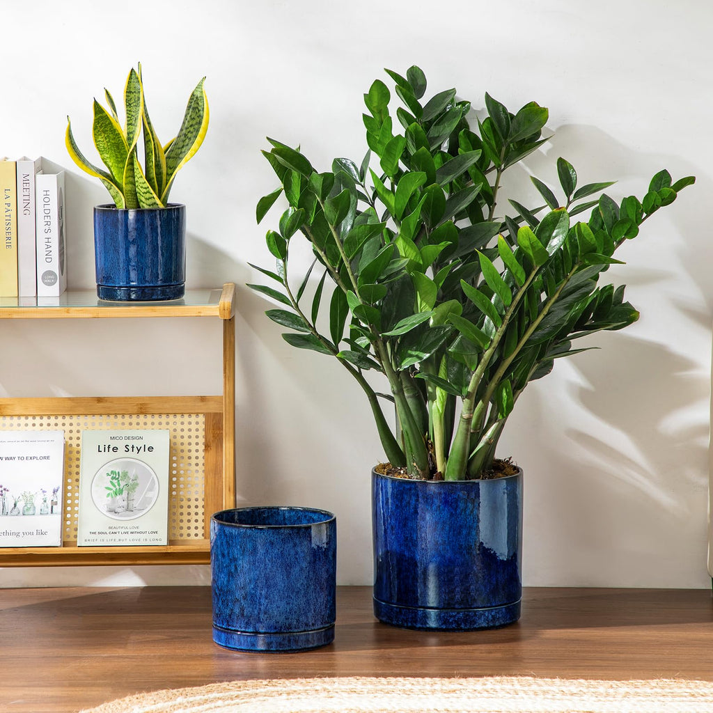 vancasso Keramik-Pflanzgefäße, Pflanztöpfe für Zimmerpflanzen, 15,7 cm + 21,6 cm + 26,7 cm Keramiktöpfe für Pflanzen, Blumentöpfe mit Drainagelöchern (Blau, 16,25 + 21,6 cm + 26,7 cm)