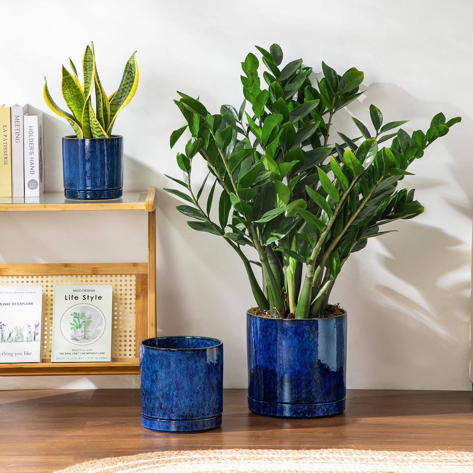 vancasso Keramik-Pflanzgefäße, Pflanztöpfe für Zimmerpflanzen, 15,7 cm + 21,6 cm + 26,7 cm Keramiktöpfe für Pflanzen, Blumentöpfe mit Drainagelöchern (Blau, 16,25 + 21,6 cm + 26,7 cm)