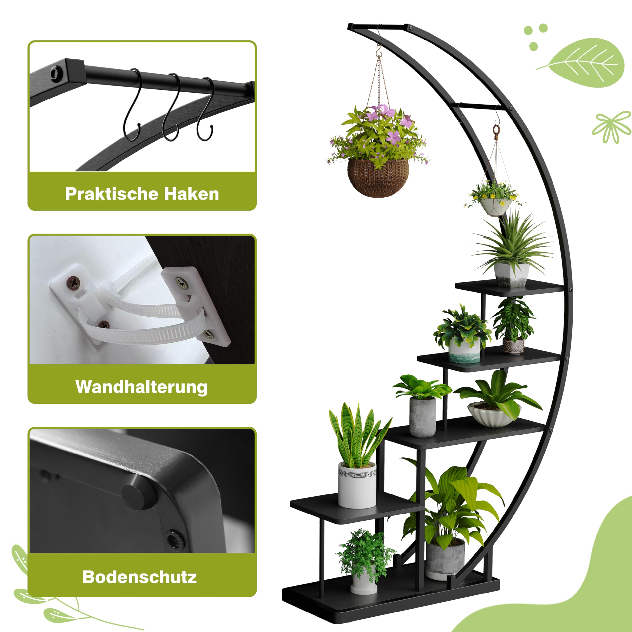 Ribelli 5-stufiger Metall-Pflanzenständer in Halbmondform 172cm, Pflanzenregal mit 5 Ablagen & Haken, Hoch Blumenständer Pflanzentreppe mit Kippschutz für Balkon Wohnzimmer Terrasse (1 Stück, Schwarz)
