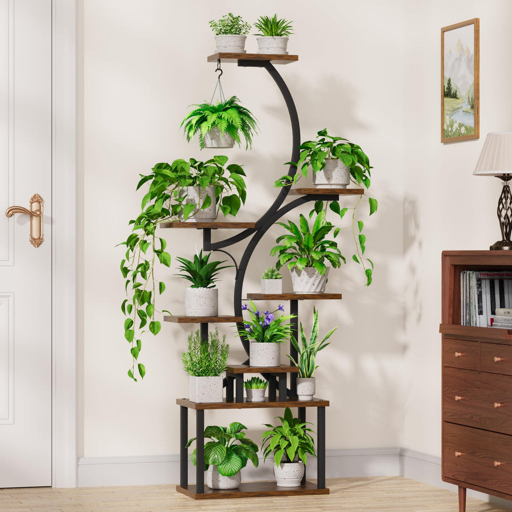 BACEKOLL 8 Ebenen Blumenständer 157cm - Metall-Holz Pflanzenregal - Innen & Außen Blumentreppe - Dekoratives Schwarz Blumenregal für Innen Garten Balkon (Ohne Licht)