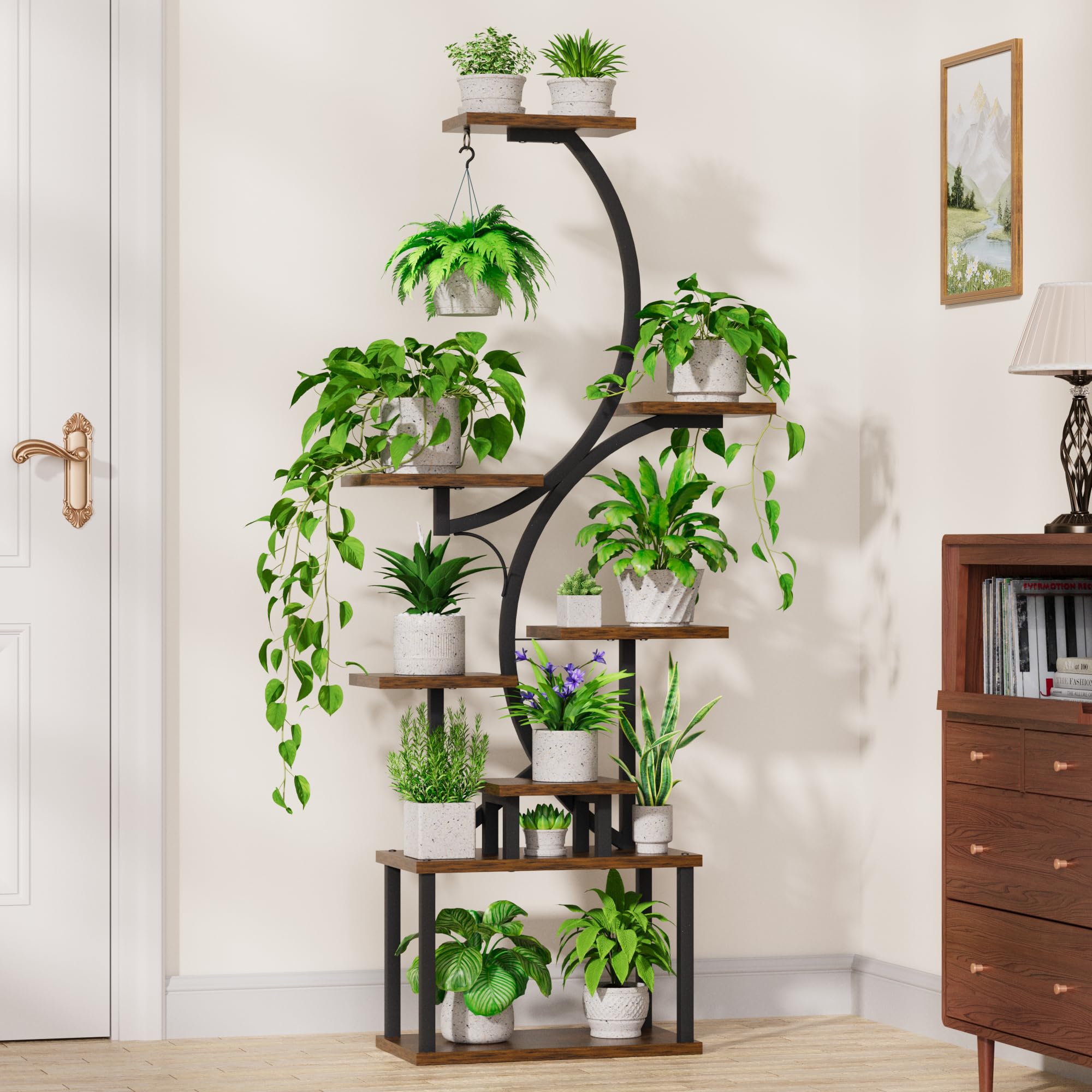 BACEKOLL 8 Ebenen Blumenständer 157cm - Metall-Holz Pflanzenregal - Innen & Außen Blumentreppe - Dekoratives Schwarz Blumenregal für Innen Garten Balkon (Ohne Licht)