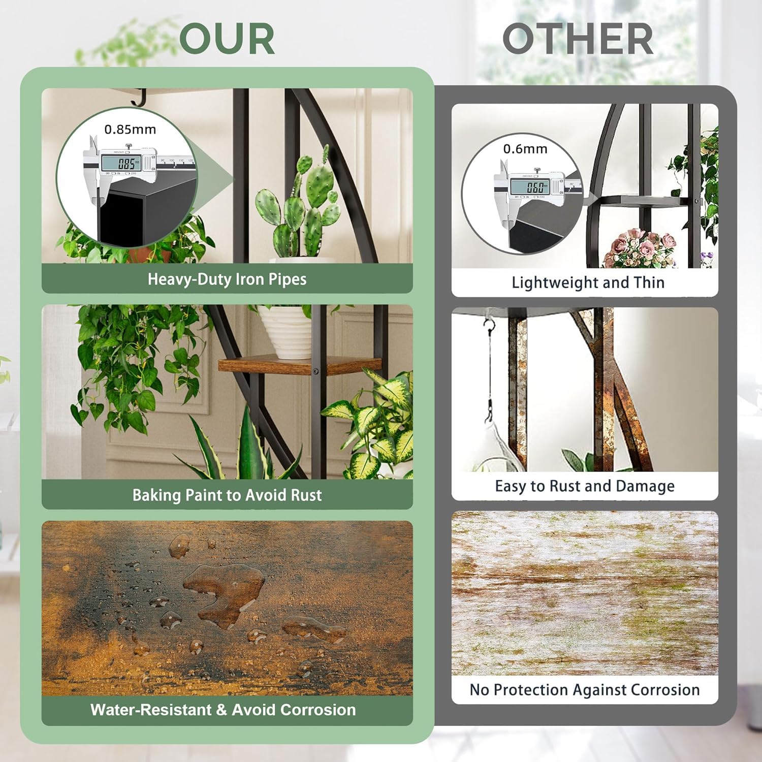 BACEKOLL 6 Ebenen Blumenständer mit Wachstumslichtern - Metall Holz Pflanzenregal - 160CM Innen Blumentreppe - Dekoratives Schwarz Blumenregal für Innen Fensterbank Wohnzimmer 2 STÜCK