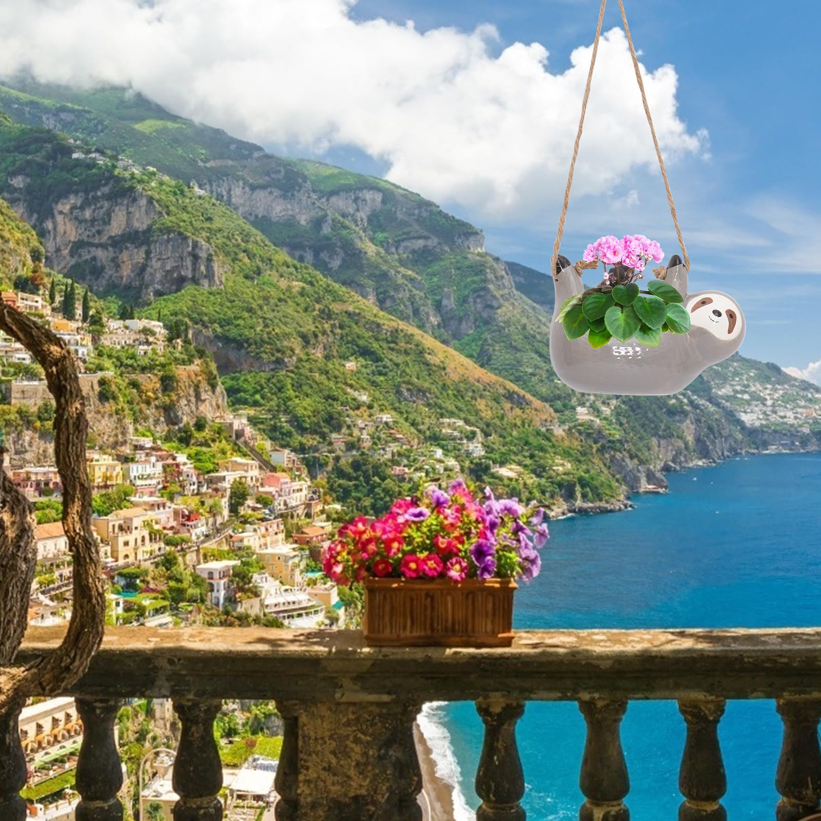 DOITOOL Faultier Form Blumentopf Hängend, Keramik Pflanzenaufhänger Hängeampel Hängende Blumentöpfe Wandvasen Für Pflanzen Innen, Hängende Blumentöpfe Mit Seil, Fensterdeko Hängend Home Office