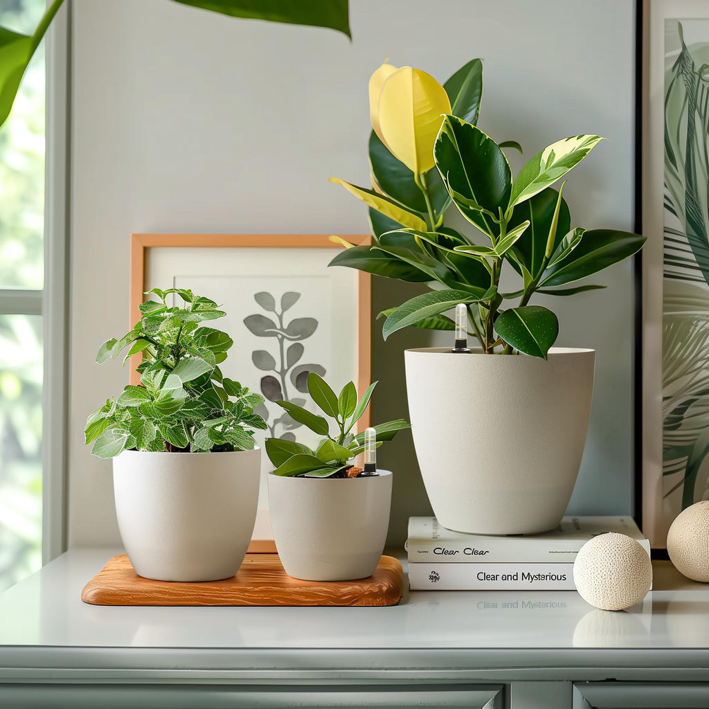 T4U 22cm Selbstwässernder Blumentopf mit Wasseranzeiger Weiß 4er-Set, Selbstbewässerung Wasserspeicher Pflanzgefäß Übertopf für Innen- und Außenbereich