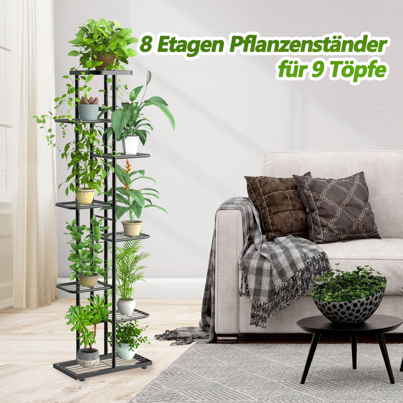 MAIJIAJU 8 Etagen Blumenständer Metall Schwarz mit Gartengeräte und Handschuhe, 141cm Ecke Blumenregal Pflanzenregal Indoor Outdoor, Mehrere Blumentreppe Pflanzenständer für Balkon Garten Wohnzimmer