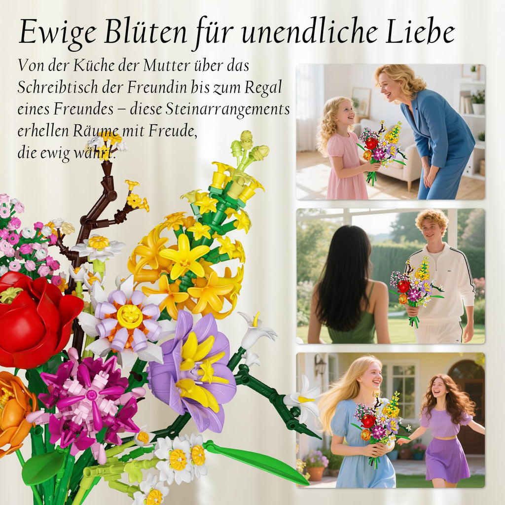 2-in-1 Vase Blumenstrauß Bauset, Kunstblumen-Strauß-Sets für Erwachsene und Frauen, kompatibel mit der Lego Flowers Bouquet Botanicals Collection, 1458 Teile